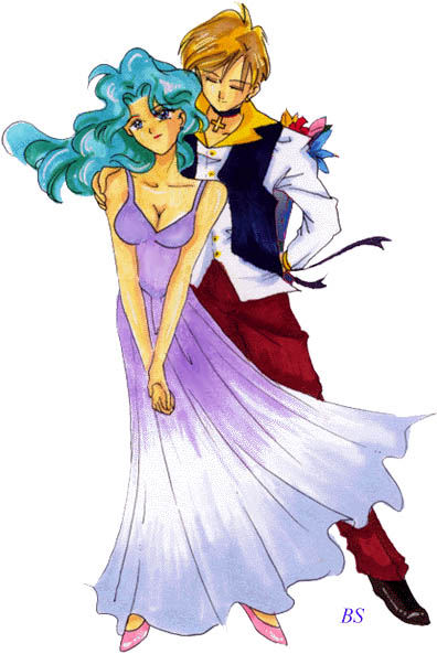 kaiou michiru, ten'ou haruka, bishoujo senshi sailor moon, 1990s (style), 2girls, aqua hair, blonde hair, blue eyes, breasts, cleavage, cross, dress, long hair, multiple girls, short hair