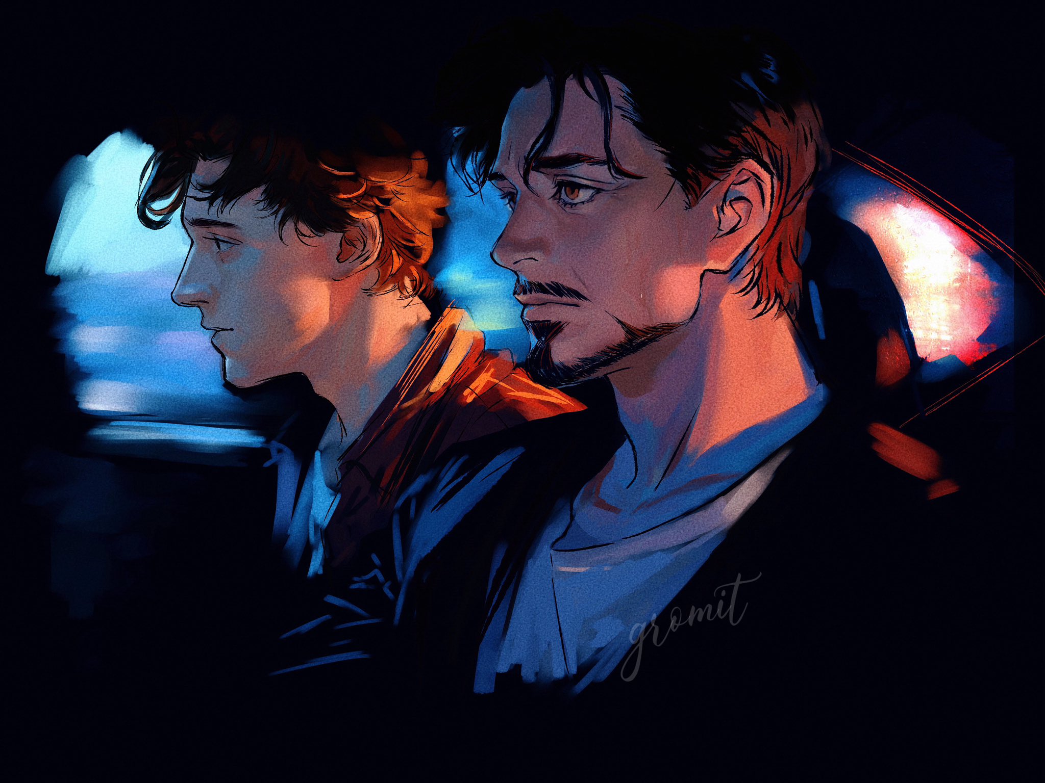 peter parker, tony stark, marvel, spider-man: homecoming, spider-man (series), commentary, english commentary, highres, 2boys, black hair, black jacket, brown eyes, brown hair, car interior, closed mouth, facial hair, hair between eyes, jacket, lapels, long sleeves, looking afar, male focus, malkogromit, multiple boys, open clothes, open jacket, shirt, t-shirt, twitter username, upper body, white shirt, window