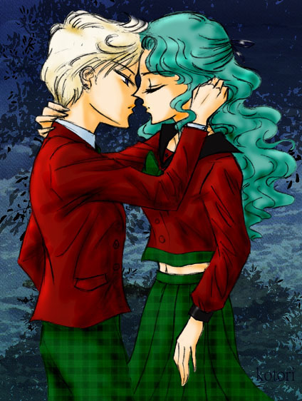 kaiou michiru, ten'ou haruka, bishoujo senshi sailor moon, 1990s (style), 2girls, aqua hair, blonde hair, kiss, long hair, multiple girls, school uniform, short hair, yuri