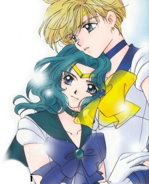 kaiou michiru, sailor neptune, sailor uranus, ten'ou haruka, bishoujo senshi sailor moon, 1990s (style), 2girls, aqua hair, blonde hair, blue eyes, gloves, green eyes, hug, long hair, multiple girls, school uniform, serafuku, short hair, tiara, yuri