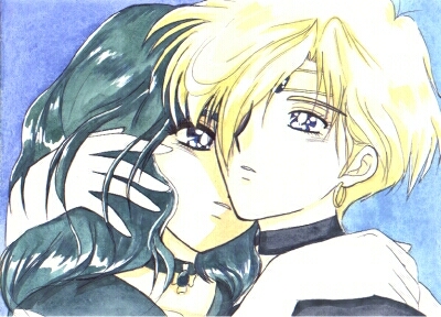 kaiou michiru, sailor neptune, sailor uranus, ten'ou haruka, bishoujo senshi sailor moon, lowres, 1990s (style), 2girls, aqua hair, blonde hair, hug, long hair, multiple girls, school uniform, serafuku, short hair, tiara, yuri