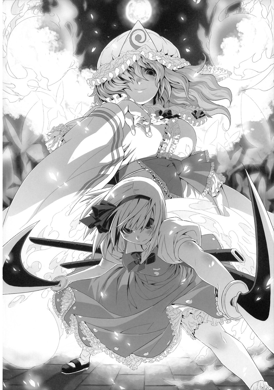konpaku youmu, konpaku youmu (ghost), saigyouji yuyuko, touhou, artist request, bad id, bad pixiv id, highres, source request, 2girls, angry, female focus, frills, full moon, greyscale, hair between eyes, hair over one eye, hat, hitodama, katana, mob cap, monochrome, moon, multiple girls, night, serious, sword, weapon