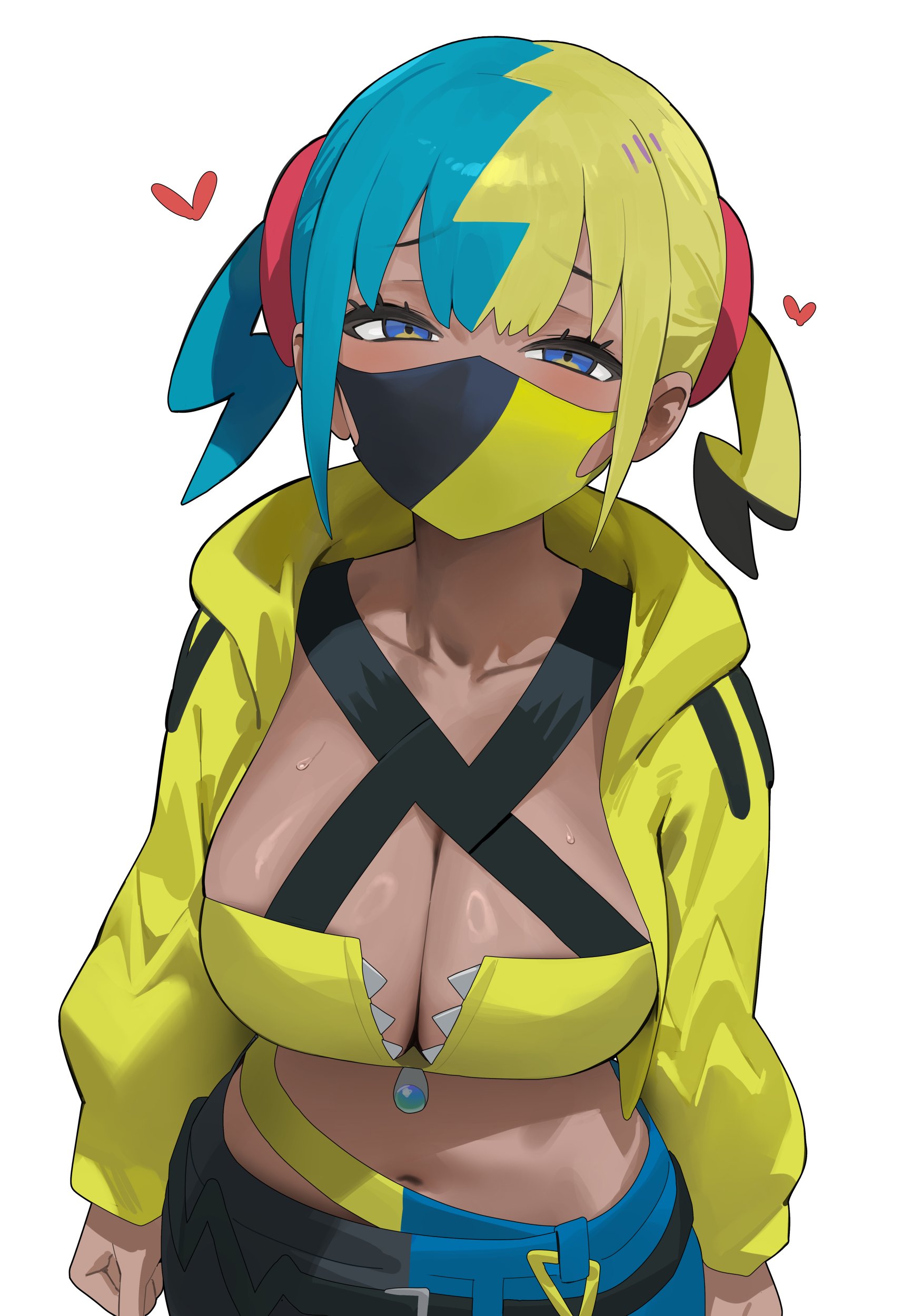 hood (james x), canari (pokemon), nintendo, pokemon, pokemon legends: z-a, absurdres, commentary, highres, symbol-only commentary, 1girl, aqua hair, bandeau, black hair, black pants, blonde hair, blue eyes, blue pants, breasts, cleavage, collarbone, dark-skinned female, dark skin, heart, jacket, large breasts, long sleeves, looking at viewer, multicolored hair, navel, pants, short hair, simple background, solo, two-tone pants, unzipped, white background, yellow bandeau, yellow jacket