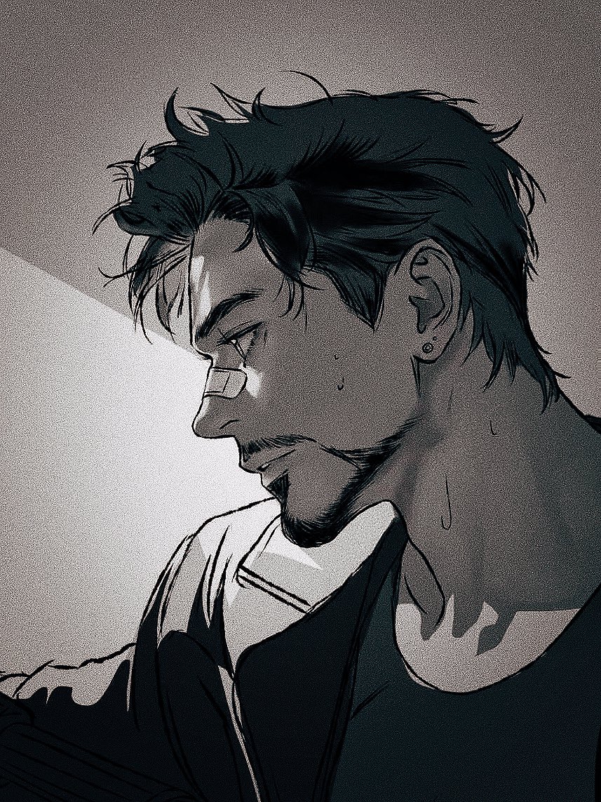 tony stark, iron man (series), marvel, commentary, english commentary, unfinished, 1boy, bandaid, bandaid on face, bandaid on nose, facial hair, greyscale, jacket, lapels, leather, leather jacket, looking to the side, male focus, malkogromit, monochrome, open clothes, open jacket, shadow, shirt, short hair, simple background, smile, solo, sweat, t-shirt, teeth, upper body