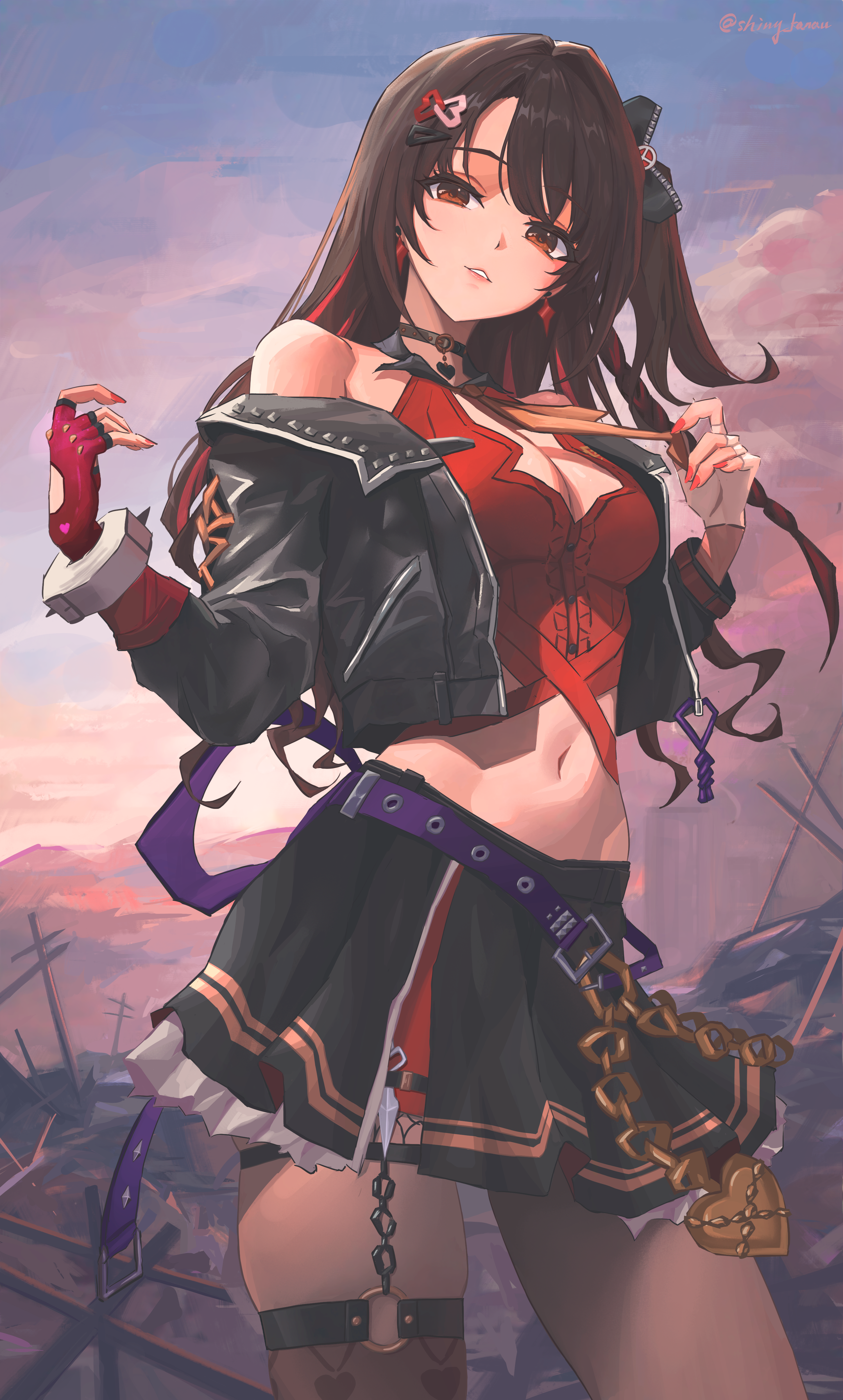 qingli ye, shimamura uzuki, idolmaster, idolmaster cinderella girls, absurdres, commentary request, highres, 1girl, bare shoulders, belt, black jacket, black skirt, brown eyes, brown hair, cloud, cloudy sky, cowboy shot, cropped legs, evening, fingerless gloves, gloves, gradient sky, hair intakes, hair ornament, jacket, leather, leather jacket, looking at viewer, midriff, navel, one side up, open clothes, open jacket, outdoors, purple belt, red gloves, red shirt, shirt, skindentation, skirt, sky, solo