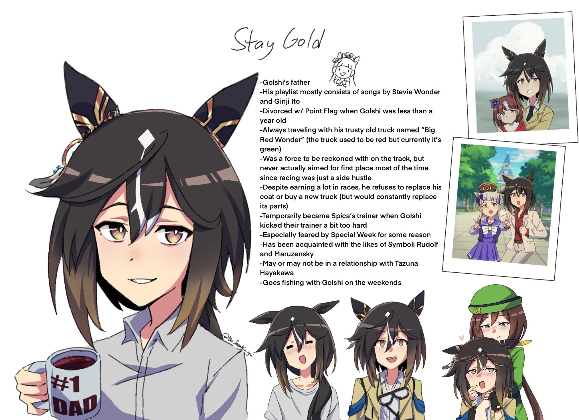 the freakin yui, gold ship (umamusume), hayakawa tazuna, stay gold (umamusume), umamusume, character request, highres, 4girls, animal ears, black hair, black necktie, blush, bow, brown eyes, brown hair, closed eyes, closed mouth, coffee, coffee mug, cup, double v, dress, green dress, green hat, green jacket, grey hair, grey shirt, hair between eyes, hat, holding, holding cup, horse ears, horse girl, jacket, long hair, mug, multicolored hair, multiple girls, necktie, open clothes, open jacket, open mouth, pants, purple sailor collar, purple shirt, purple skirt, red shirt, sailor collar, shirt, sidelocks, skirt, smile, two-tone hair, v, white bow, white hair, white jacket, white pants