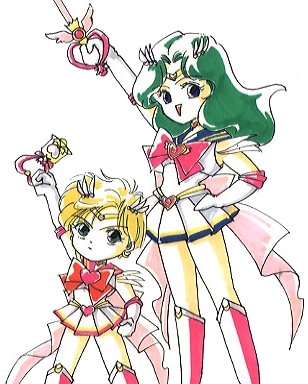 kaiou michiru, sailor chibi moon, sailor neptune, sailor uranus, ten'ou haruka, bishoujo senshi sailor moon, lowres, 2girls, aqua hair, blonde hair, boots, cosplay, long hair, multiple girls, school uniform, serafuku, short hair, simple background, wand, white background