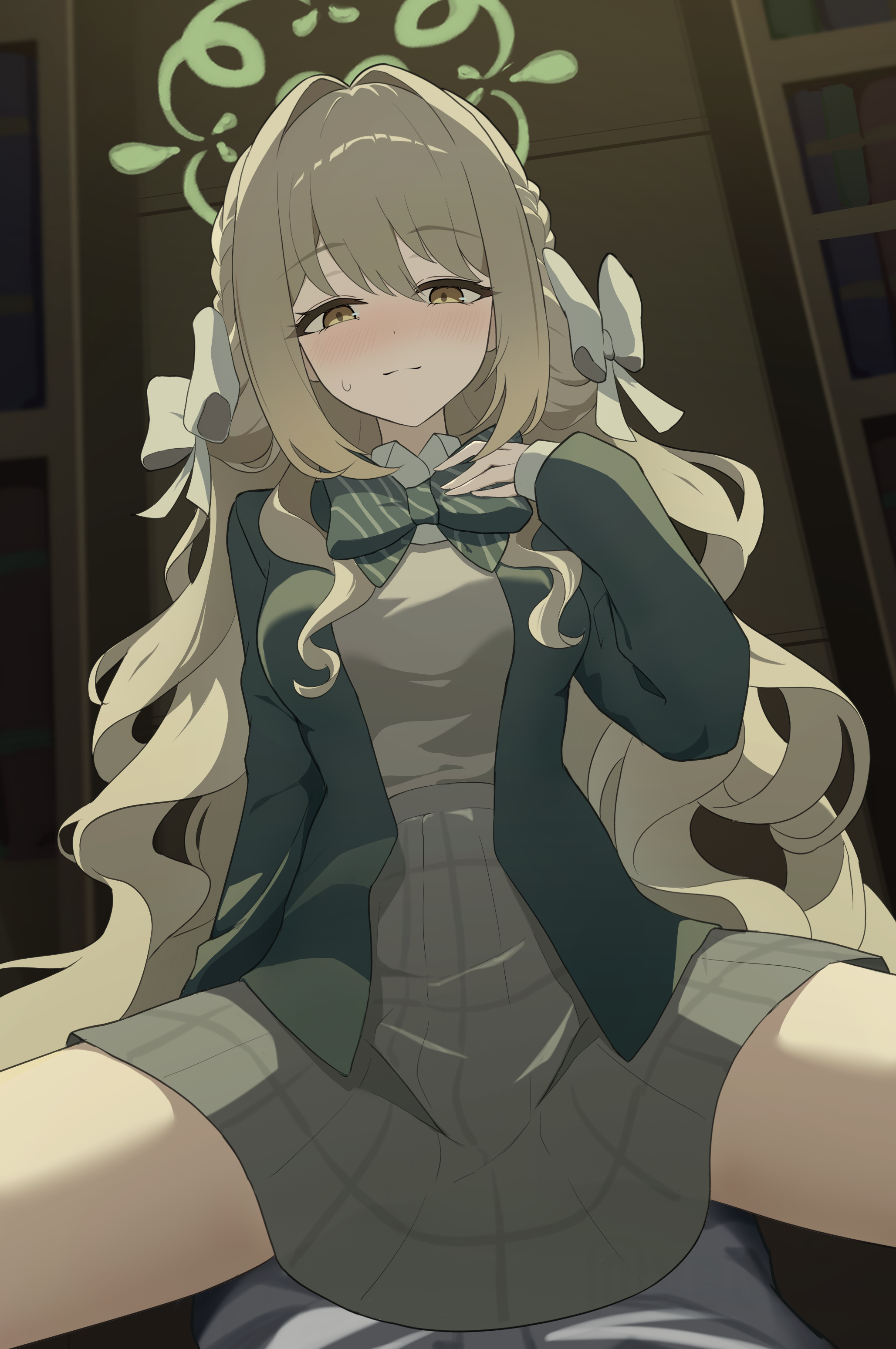 vec ka, miyo (blue archive), blue archive, absurdres, commentary, highres, 1boy, 1girl, blazer, blush, bow, bowtie, braid, choppy bangs, closed mouth, diagonal-striped bow, diagonal-striped bowtie, diagonal-striped clothes, girl on top, green halo, green jacket, grey skirt, hair between eyes, hair bow, hair ribbon, half-closed eyes, halo, hand up, hetero, indoors, jacket, long hair, looking at viewer, nose blush, open mouth, pleated skirt, pov, ribbon, ribbon braid, shirt, sidelocks, skirt, smile, solo focus, spread legs, straddling, striped bow, striped bowtie, striped clothes, sweatdrop, very long hair, white bow, white shirt, yellow eyes