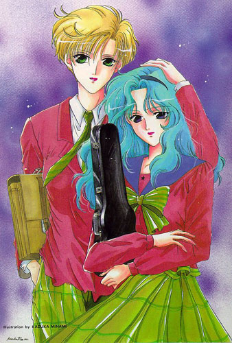 kaiou michiru, ten'ou haruka, bishoujo senshi sailor moon, lowres, 1990s (style), 2girls, aqua hair, blonde hair, blue eyes, green eyes, long hair, multiple girls, school uniform, short hair, yuri