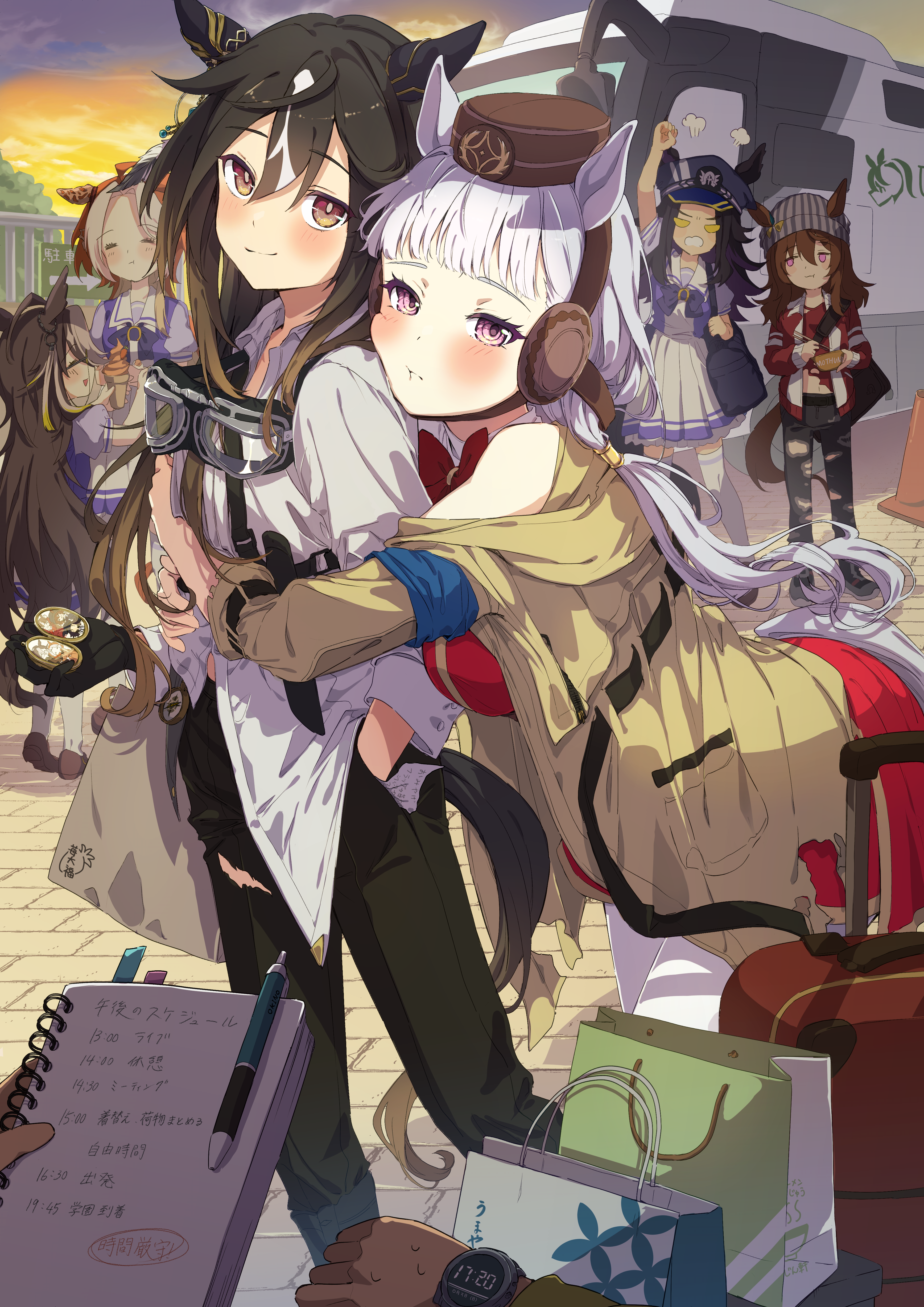 komeko97, dream journey (umamusume), fenomeno (umamusume), gold ship (umamusume), nakayama festa (umamusume), orfevre (umamusume), stay gold (umamusume), umamusume, absurdres, highres, 1other, 5girls, animal ears, arm up, beanie, black hair, black pants, blunt bangs, blush, brown eyes, brown hat, brown shoes, clenched hands, closed eyes, closed mouth, dress, earmuffs, goggles, goggles around neck, grey hat, hair between eyes, hand in pocket, hat, holding, holding locket, holding notebook, horse ears, horse girl, horse tail, hug, hug from behind, jacket, long hair, looking at another, looking at viewer, multicolored hair, multiple girls, notebook, orange hair, pants, purple eyes, purple shirt, red dress, red jacket, red shirt, sailor collar, school uniform, shirt, shoes, sidelocks, skirt, smile, stay gold clan (umamusume), tail, thighhighs, torn clothes, torn pants, tracen school uniform, two-tone hair, watch, white hair, white sailor collar, white shirt, white skirt, white thighhighs, wristwatch, yellow eyes