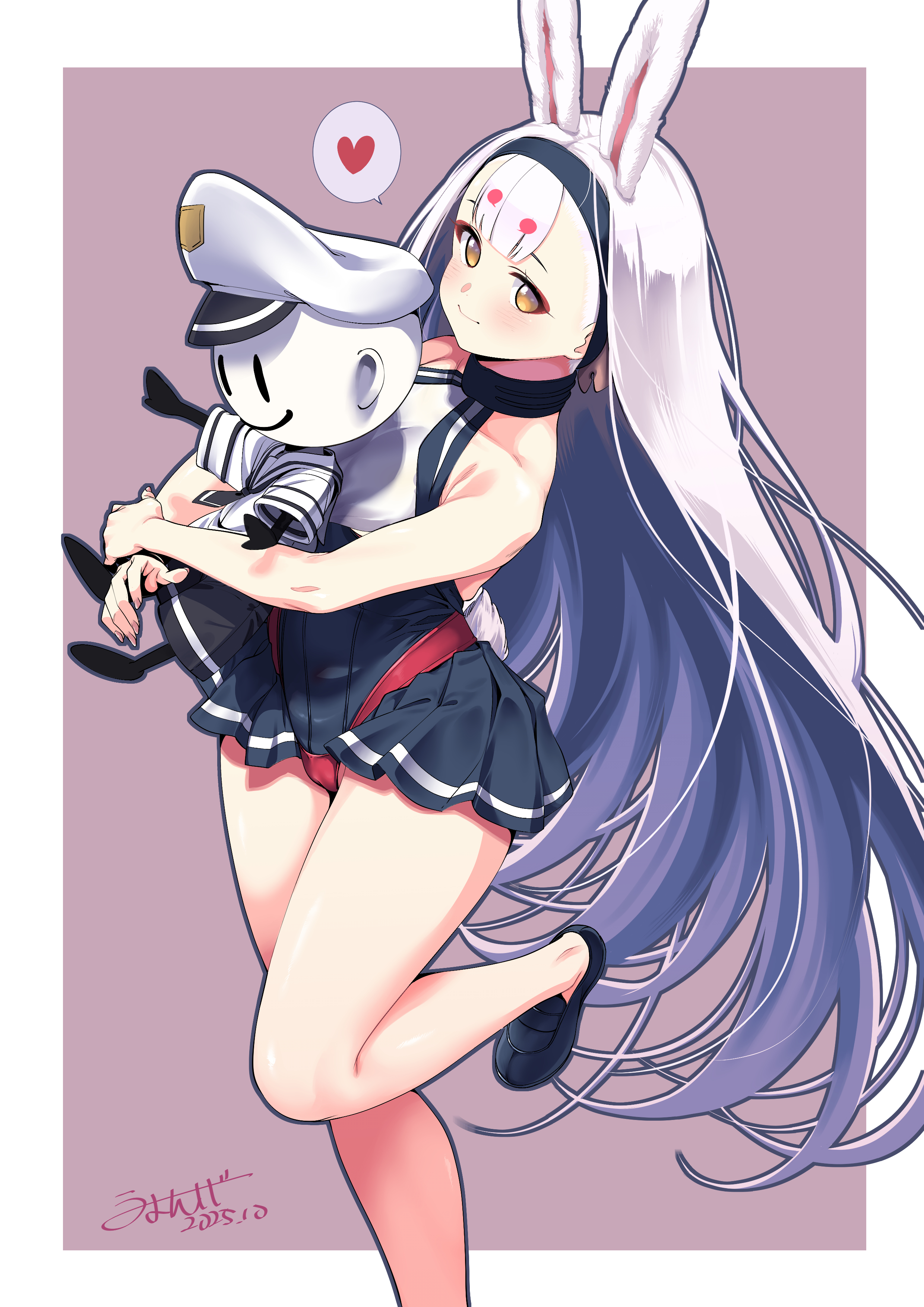 umyonge (lkakeu), commander (azur lane), shimakaze (azur lane), azur lane, absurdres, highres, 1girl, animal ears, bikini, bikini over clothes, black shoes, black skirt, blush, brown eyes, character doll, doll, heart, hugging object, leg lift, leg up, long hair, miniskirt, pleated skirt, rabbit ears, rabbit girl, rabbit tail, red bikini, shirt, shoes, skirt, smile, solo, spoken heart, standing, standing on one leg, swimsuit, tail, thighs, very long hair, white hair, white shirt