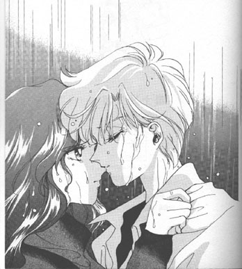 kaiou michiru, ten'ou haruka, bishoujo senshi sailor moon, lowres, 1990s (style), 2girls, cuddling, female focus, hug, long hair, multiple girls, rain, retro artstyle, short hair, tears, yuri