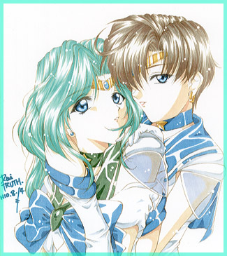 kaiou michiru, sailor neptune, sailor uranus, ten'ou haruka, bishoujo senshi sailor moon, lowres, 1990s (style), 2girls, aqua hair, brown hair, choker, cuddling, hug, long hair, multiple girls, short hair