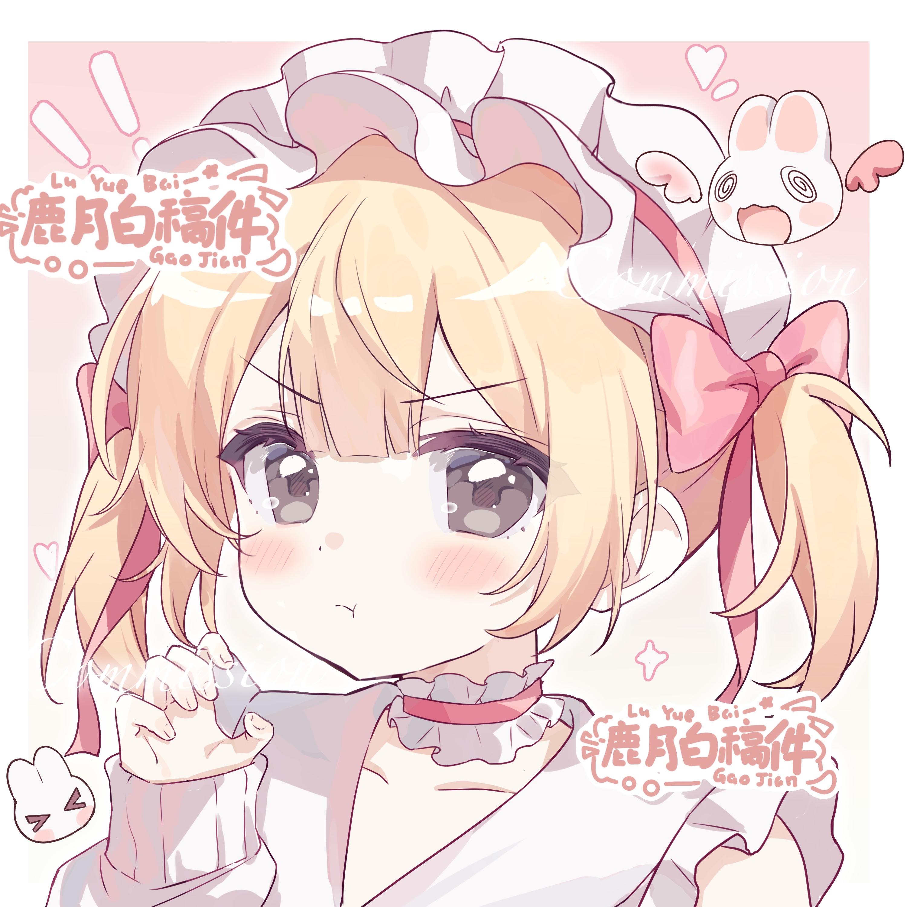 original, absurdres, commission, highres, 1girl, :t, artist name, blonde hair, blush, border, bow, choker, closed mouth, frilled choker, frilled hairband, frills, grey eyes, hair bow, hairband, hand up, long sleeves, looking at viewer, lu yue bai, medium hair, outside border, pink background, pink bow, pink hairband, portrait, rabbit, red choker, shirt, solo, twintails, v-shaped eyebrows, white border, white shirt
