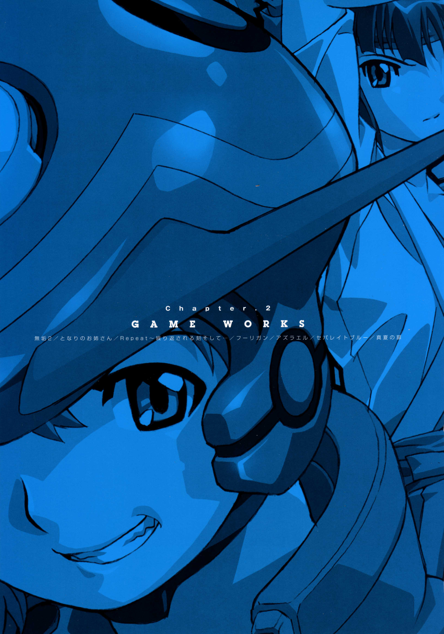 happoubi jin, amou yuki, tougou hiromi, hooligan, sweet body, artbook, highres, official art, scan, 00s, 2girls, arm up, armor, blue theme, close-up, grin, headband, helmet, japanese clothes, looking at viewer, miko, monochrome, multiple girls, short hair, smile