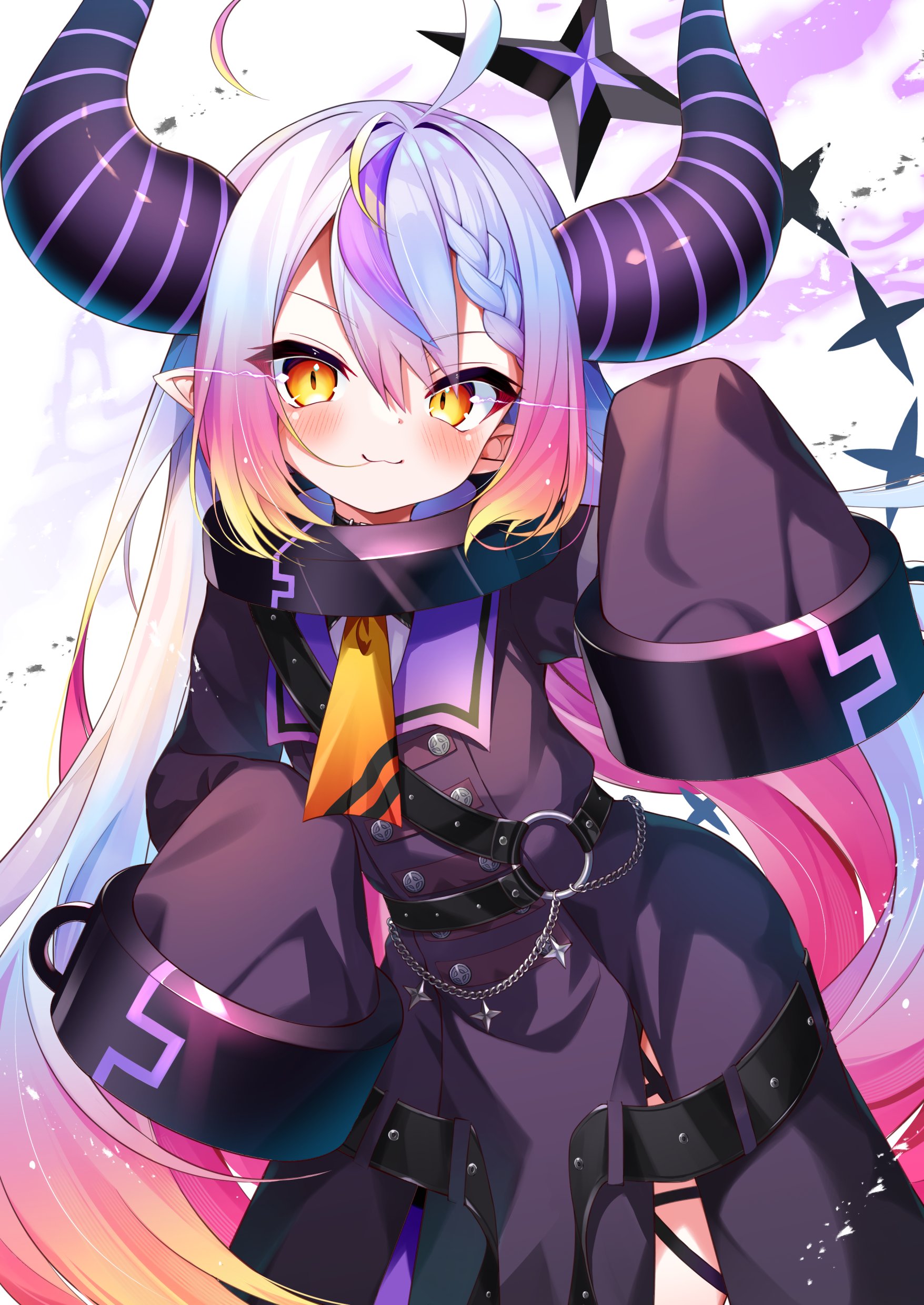 fusen haru, la+ darknesss, la+ darknesss (1st costume), hololive, absurdres, highres, 1girl, ahoge, ascot, black horns, blonde hair, blue hair, blush, braid, braided bangs, coat, collar, demon girl, demon horns, gradient hair, grey hair, hair between eyes, horns, huge horns, long hair, long sleeves, looking at viewer, metal collar, multicolored hair, pantyhose, pink hair, pointy ears, purple coat, purple hair, purple horns, purple pantyhose, purple thighhighs, signature, simple background, single leg pantyhose, sleeves past fingers, sleeves past wrists, smile, solo, streaked hair, striped horns, thighhighs, very long hair, virtual youtuber, yellow ascot, yellow eyes