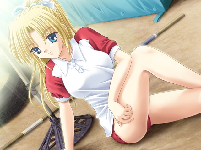 matra milan, asamiya kyou, alma ~zutto soba ni…~, game cg, non-web source, 1girl, blonde hair, blue eyes, buruma, dutch angle, female focus, gym uniform, long hair, ponytail, sitting, solo