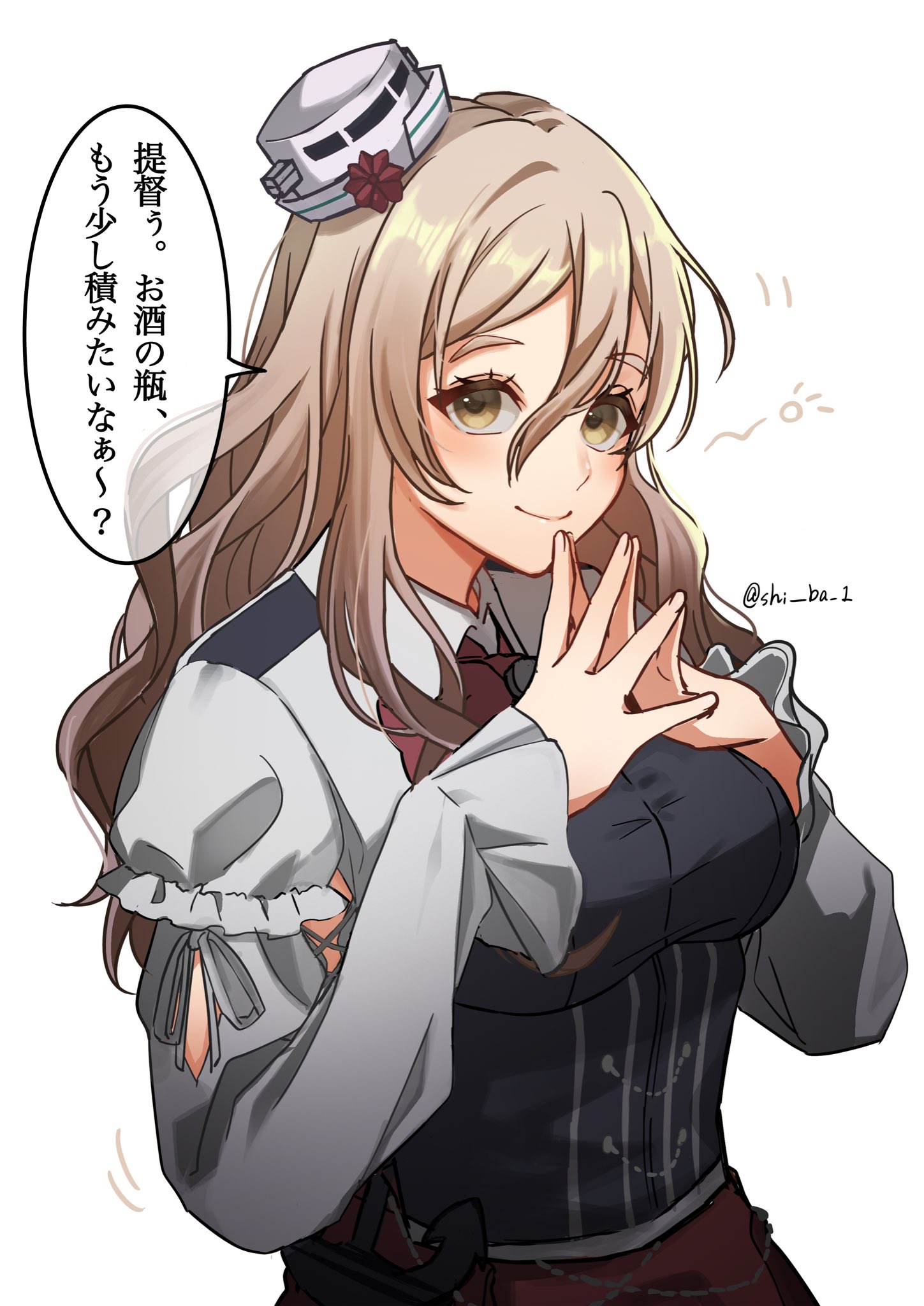 pola (kancolle), kantai collection, highres, 1girl, blush, bodice, breasts, brown eyes, grey hair, hair between eyes, hat, long hair, long sleeves, looking at viewer, mini hat, red skirt, shi ba 1, shirt, skirt, smile, thick eyebrows, tilted headwear, twitter username, upper body, wavy hair, white shirt