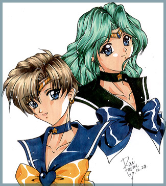 kaiou michiru, sailor neptune, sailor uranus, ten'ou haruka, bishoujo senshi sailor moon, lowres, 1990s (style), 2girls, aqua hair, brown hair, long hair, multiple girls, profile, school uniform, serafuku, short hair