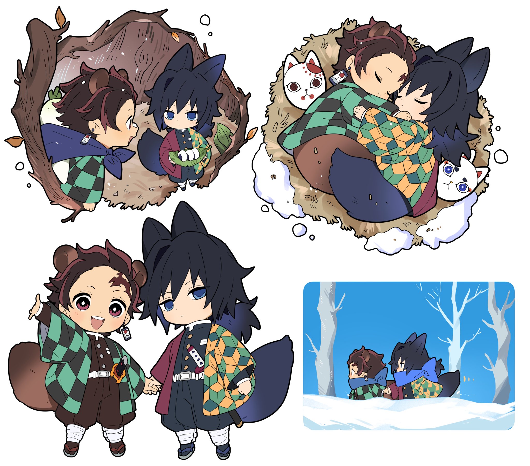 yanzhan, kamado tanjirou, tomioka giyuu, kimetsu no yaiba, highres, 2boys, animal ears, belt, black hair, black jacket, black pants, blue eyes, brown hair, buttons, chibi, chibi only, demon slayer uniform, earrings, fox mask, gold buttons, hanafuda earrings, haori, high collar, holding hands, hug, jacket, japanese clothes, jewelry, kikkoumon, looking at viewer, low ponytail, male focus, mask, multiple boys, multiple views, pants, ponytail, print haori, profile, red haori, short hair, sleeping, spiked hair, tail, white belt