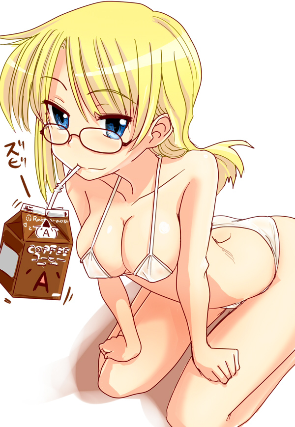urokozuki, original, 1girl, bikini, blonde hair, blue eyes, coffee, drink, drinking, female focus, glasses, kneeling, long hair, solo, swimsuit, white bikini