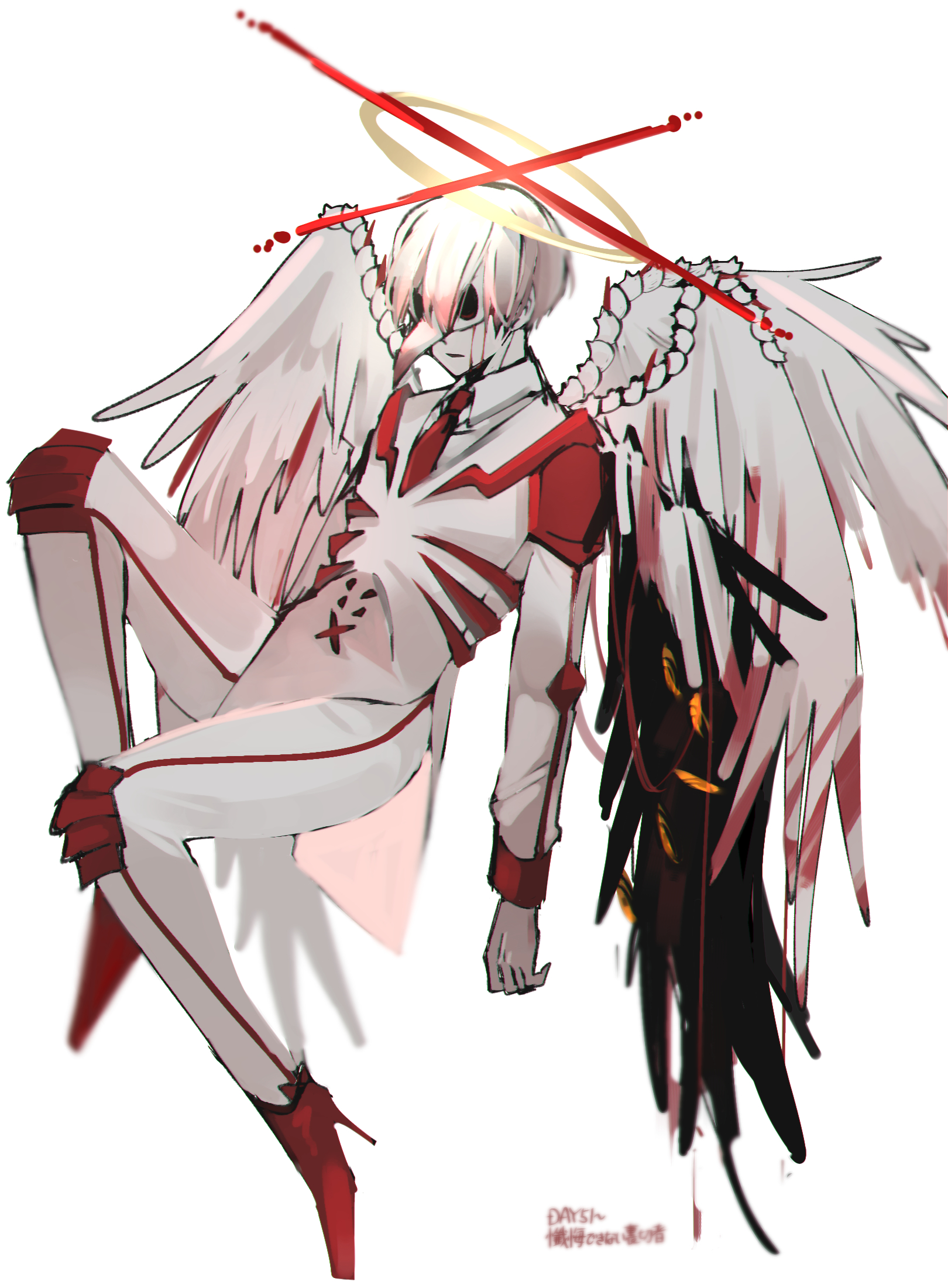 employee (project moon), nugget (project moon), lobotomy corporation, project moon, highres, 1boy, 779 nnk, angel wings, apostle (project moon), asymmetrical wings, black wings, blood, blood on face, bloody wings, closed mouth, collared shirt, e.g.o (project moon), feathered wings, formal clothes, full body, halo, high heels, jacket, knee pads, long sleeves, male focus, multiple wings, necktie, pants, paradise lost (e.g.o), plague doctor mask, red necktie, red shoes, shirt, shoes, short hair, simple background, solo, suit, white background, white hair, white jacket, white pants, white shirt, white suit, white wings, wings, yellow halo