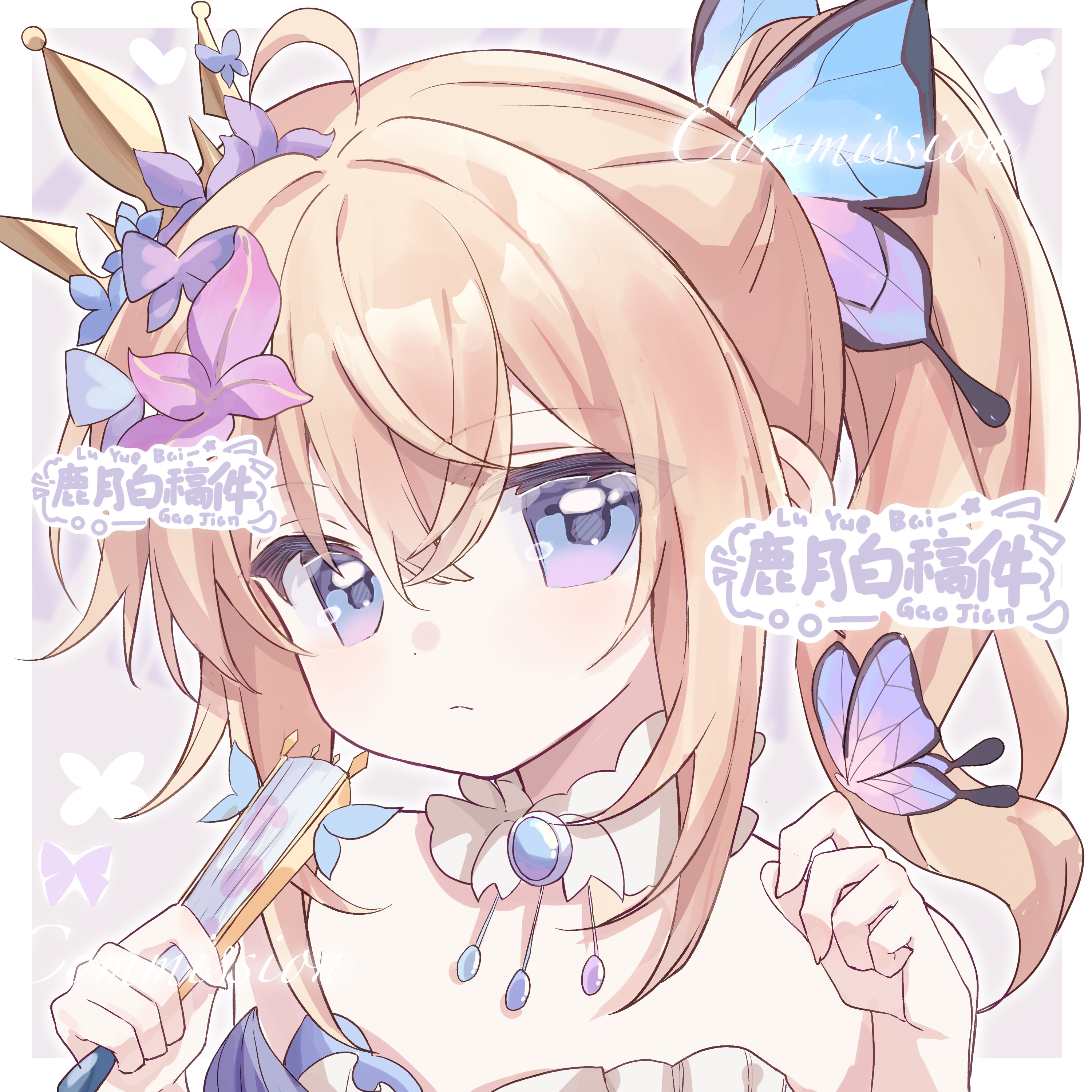 original, absurdres, commission, highres, 1girl, ahoge, bare shoulders, blonde hair, border, butterfly hair ornament, closed mouth, crossed bangs, folded fan, folding fan, grey background, hair between eyes, hair ornament, hand fan, hands up, holding, holding fan, long hair, looking at viewer, lu yue bai, outside border, ponytail, portrait, purple eyes, sidelocks, solo, white border