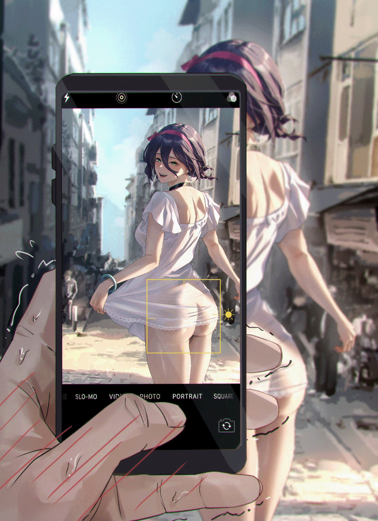 tight (ohmygod), reze (chainsaw man), chainsaw man, commentary, english commentary, highres, 1girl, :d, ass, black choker, blush, cellphone photo, choker, clothes lift, cowboy shot, dress, dress lift, earrings, from behind, green eyes, hair ribbon, holding, holding phone, jewelry, lifting own clothes, looking at viewer, open mouth, outdoors, phone, pov, pov hands, public indecency, public nudity, ribbon, see-through clothes, short hair, short sleeves, smile, smug, solo focus, taking picture, viewer holding phone, wet, white dress
