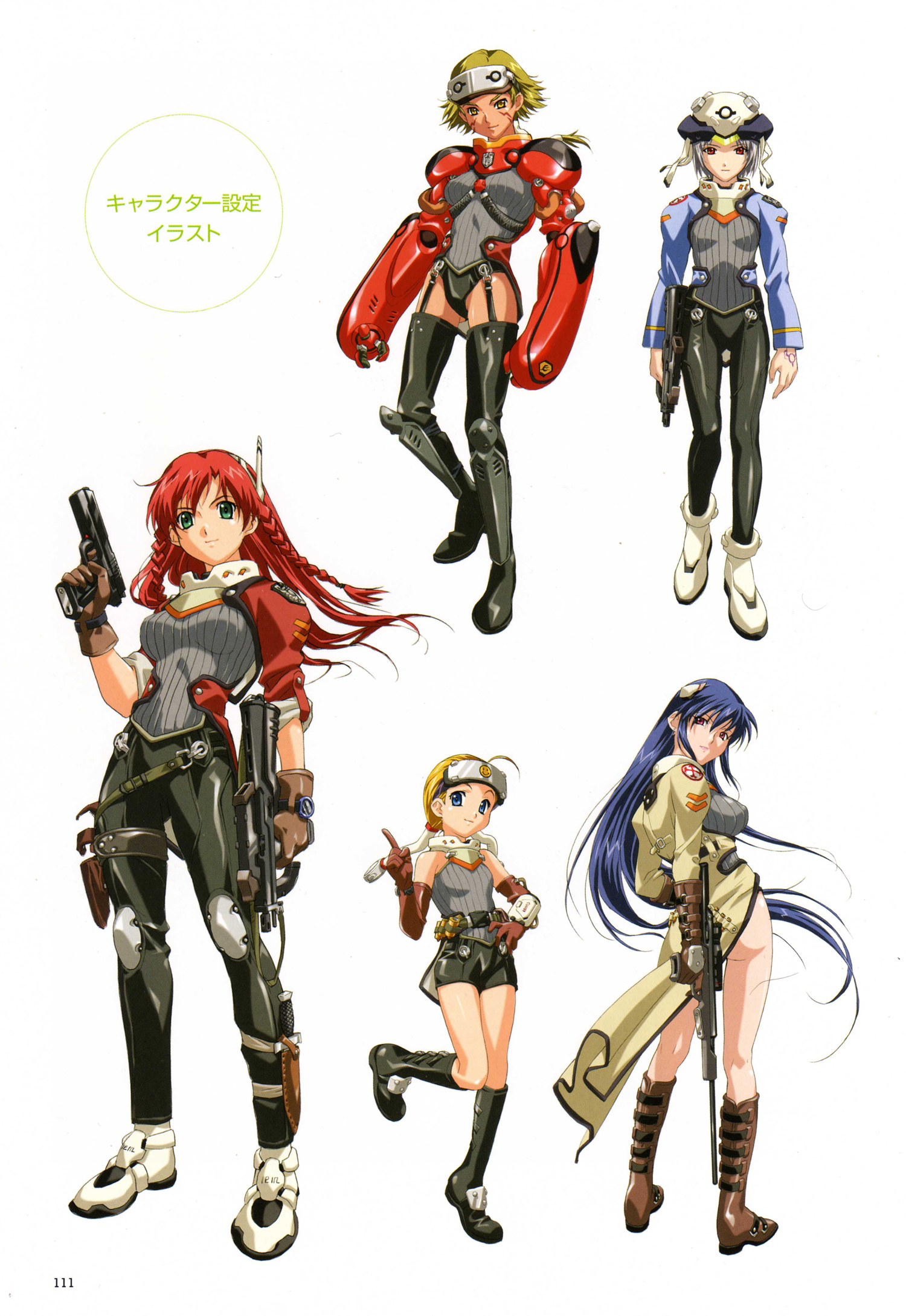 happoubi jin, illian f baxter, junk force, sweet body, artbook, highres, 5girls, ass, blonde hair, blue eyes, blue hair, braid, breasts, bullpup, dual wielding, gloves, gun, handgun, holding, holster, large breasts, long hair, looking back, multiple girls, p90, personal defense weapon, pistol, red hair, rifle, scope, shiny skin, shorts, sniper rifle, submachine gun, thigh holster, twin braids, very long hair, weapon
