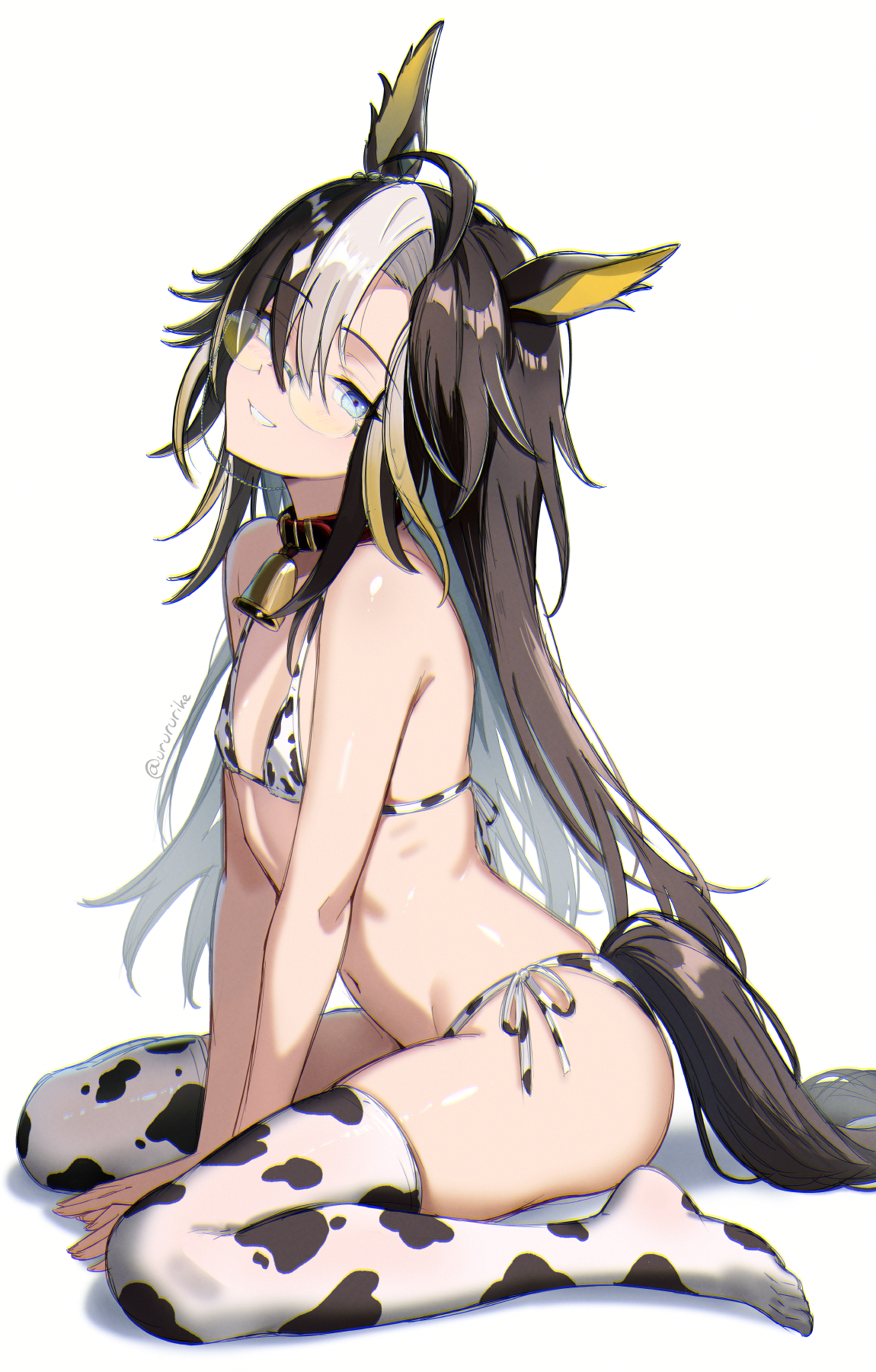 dream journey (umamusume), umamusume, commentary request, highres, 1girl, alternate costume, animal ears, animal print, bell, bikini, blue eyes, brown hair, cow print, cow print bikini, cow print thighhighs, cowbell, flat chest, glasses, hair between eyes, horse ears, horse girl, horse tail, long hair, looking at viewer, multicolored hair, navel, neck bell, print bikini, print thighhighs, sitting, solo, swimsuit, tail, thighhighs, twitter username, two-tone hair, urururike, white bikini, white thighhighs