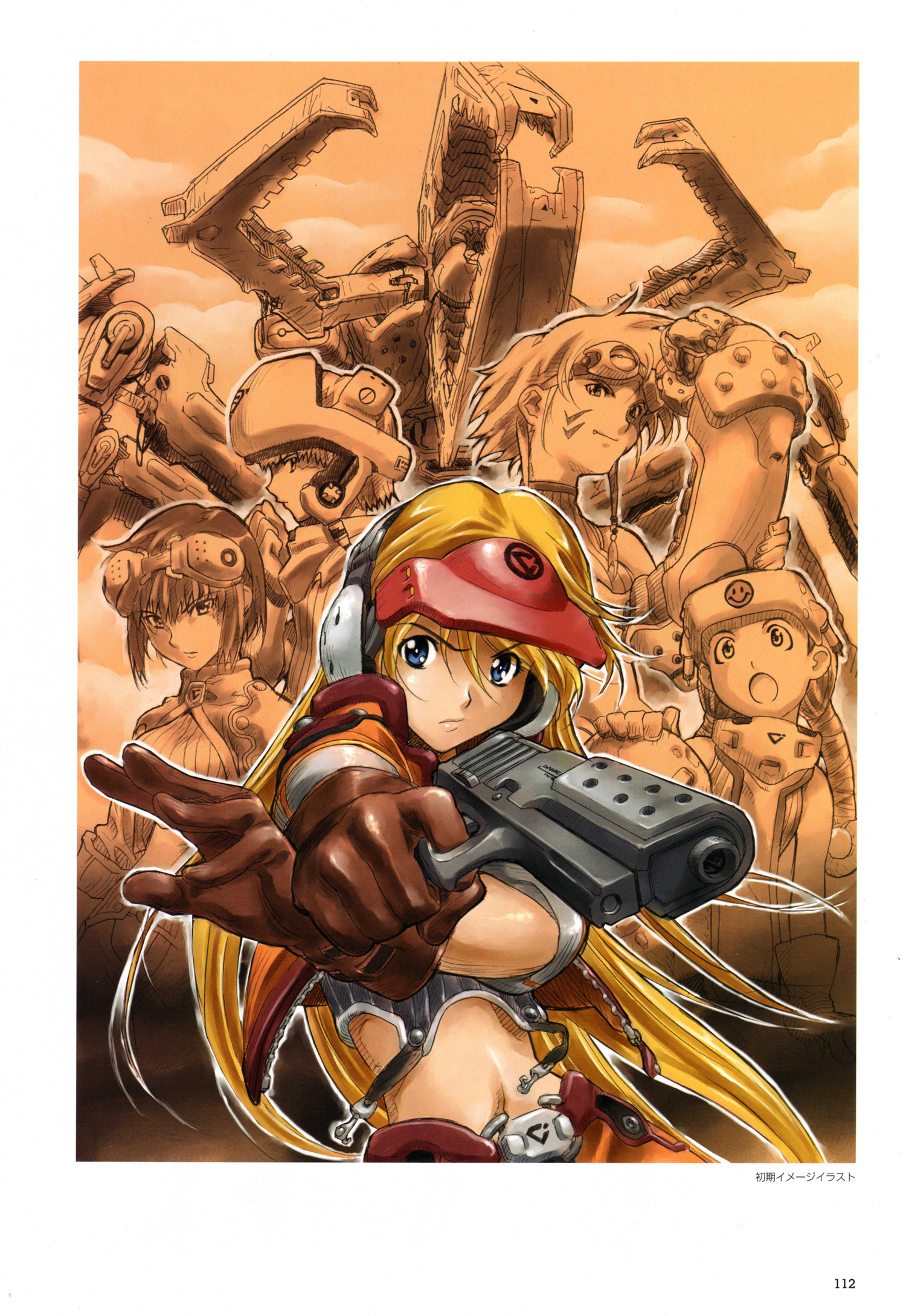 happoubi jin, junk force, sweet body, artbook, highres, 1boy, 4girls, blonde hair, gloves, gun, handgun, long hair, multiple girls, pistol, weapon