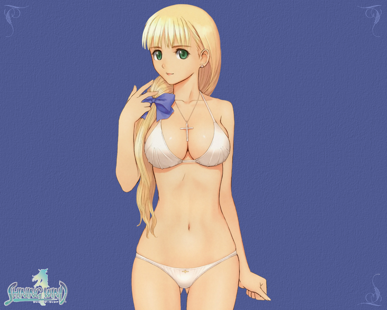 tony taka, clalaclan philias, sega, shining (series), shining wind, non-web source, 1girl, bikini, blonde hair, blue background, blue eyes, bow, breasts, cleavage, copyright name, cross, earrings, female focus, gluteal fold, green eyes, hair bow, jewelry, large breasts, long hair, low-tied long hair, lowleg, lowleg bikini, necklace, ponytail, skindentation, skinny, slender, smile, solo, swimsuit, thigh gap, white bikini