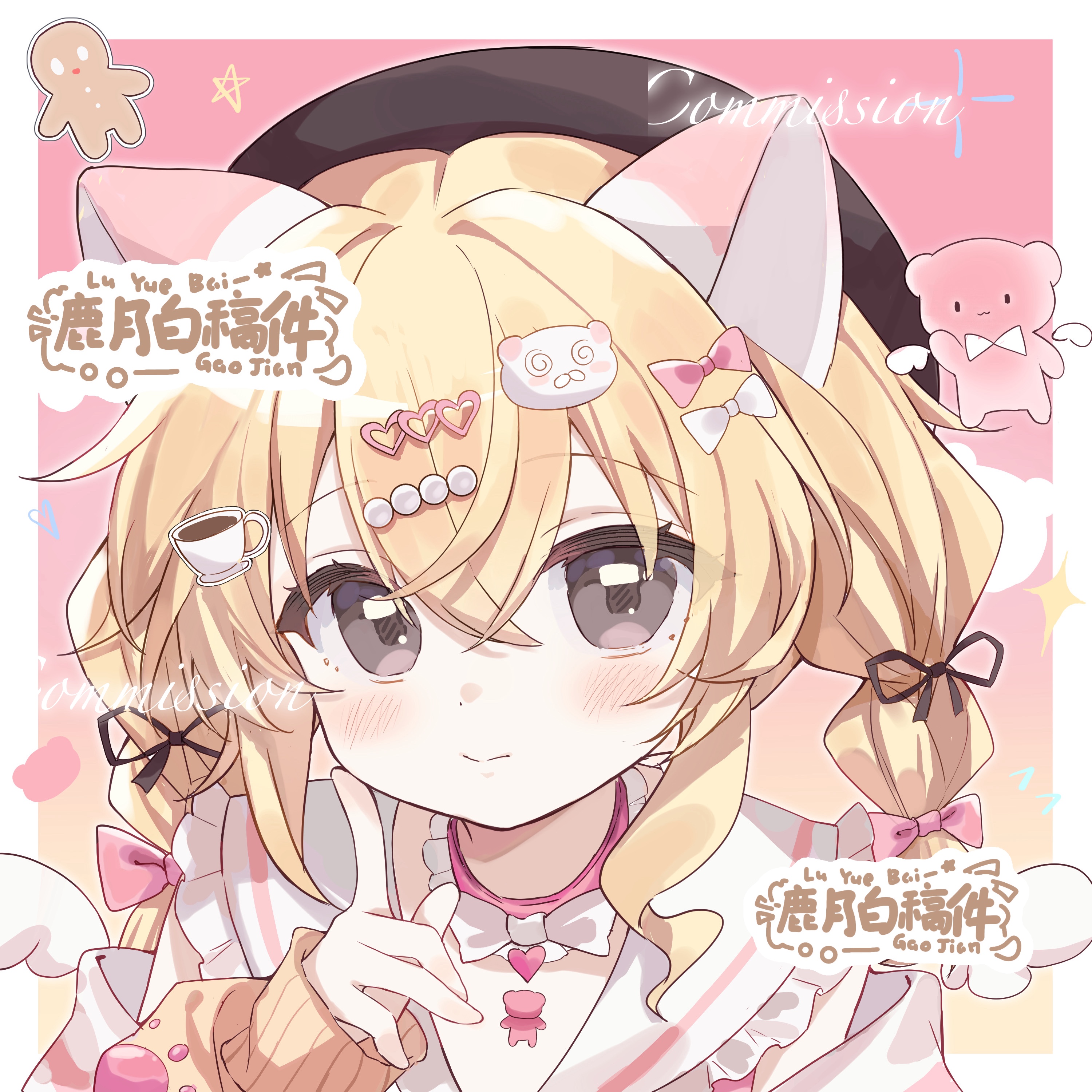 original, absurdres, commission, highres, 1girl, animal ears, artist name, black hat, black ribbon, blonde hair, blush, border, bow, braid, brown eyes, cat ears, cat girl, choker, closed mouth, crossed bangs, cup hair ornament, frilled sailor collar, frills, hair between eyes, hair bow, hair ribbon, hand up, hat, long hair, long sleeves, looking at viewer, lu yue bai, outside border, pink background, pink bow, pink choker, portrait, ribbon, sailor collar, shirt, solo, twin braids, white border, white bow, white sailor collar, white shirt