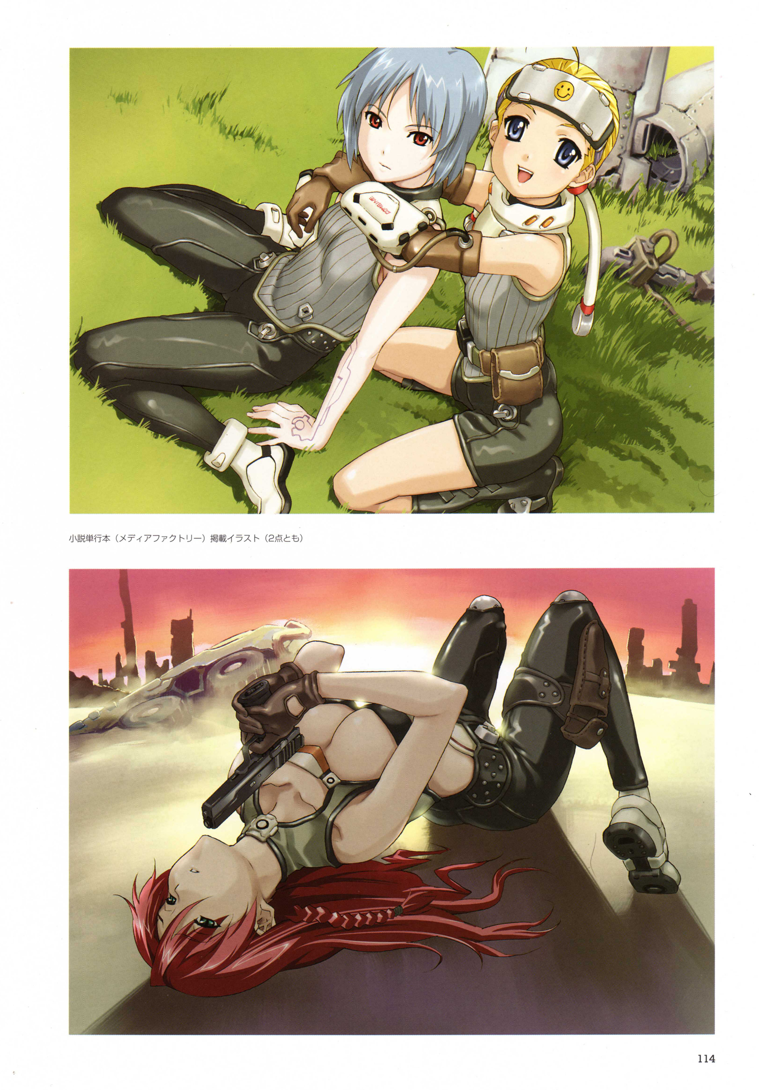 happoubi jin, illian f baxter, junk force, sweet body, artbook, highres, 3girls, blonde hair, blue hair, gloves, gun, handgun, headband, long hair, multiple girls, pistol, red hair, smiley face, weapon