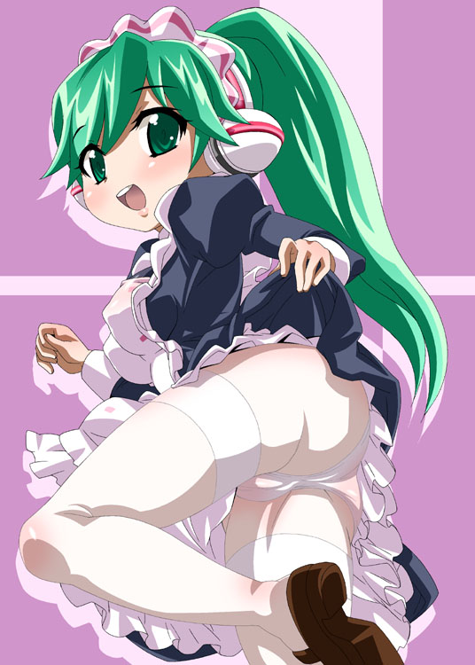 nori (akusei shinseibutsu), charu (saru getchu), saru getchu, artist request, 1girl, android, apron, ass, blush, breasts, clothes lift, covered erect nipples, dress, dress lift, female focus, frills, green eyes, green hair, leg lift, long hair, looking back, maid, maid apron, maid headdress, matching hair/eyes, open mouth, panties, pantyhose, ponytail, robot ears, shoes, solo, underwear, white panties, white pantyhose