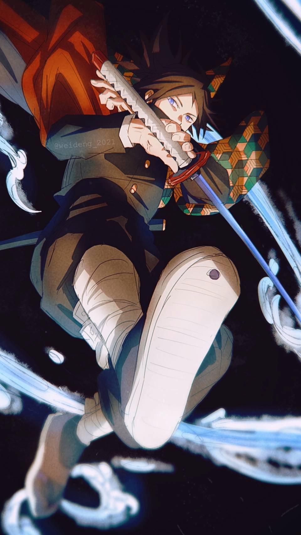 tomioka giyuu, kimetsu no yaiba, highres, 1boy, black hair, black jacket, black pants, blue eyes, buttons, demon slayer uniform, from behind, gold buttons, haori, high collar, jacket, japanese clothes, jumping, kikkoumon, low ponytail, male focus, pants, ponytail, print haori, red haori, sandals, solo, spiked hair, twitter username, water, weideng 2021