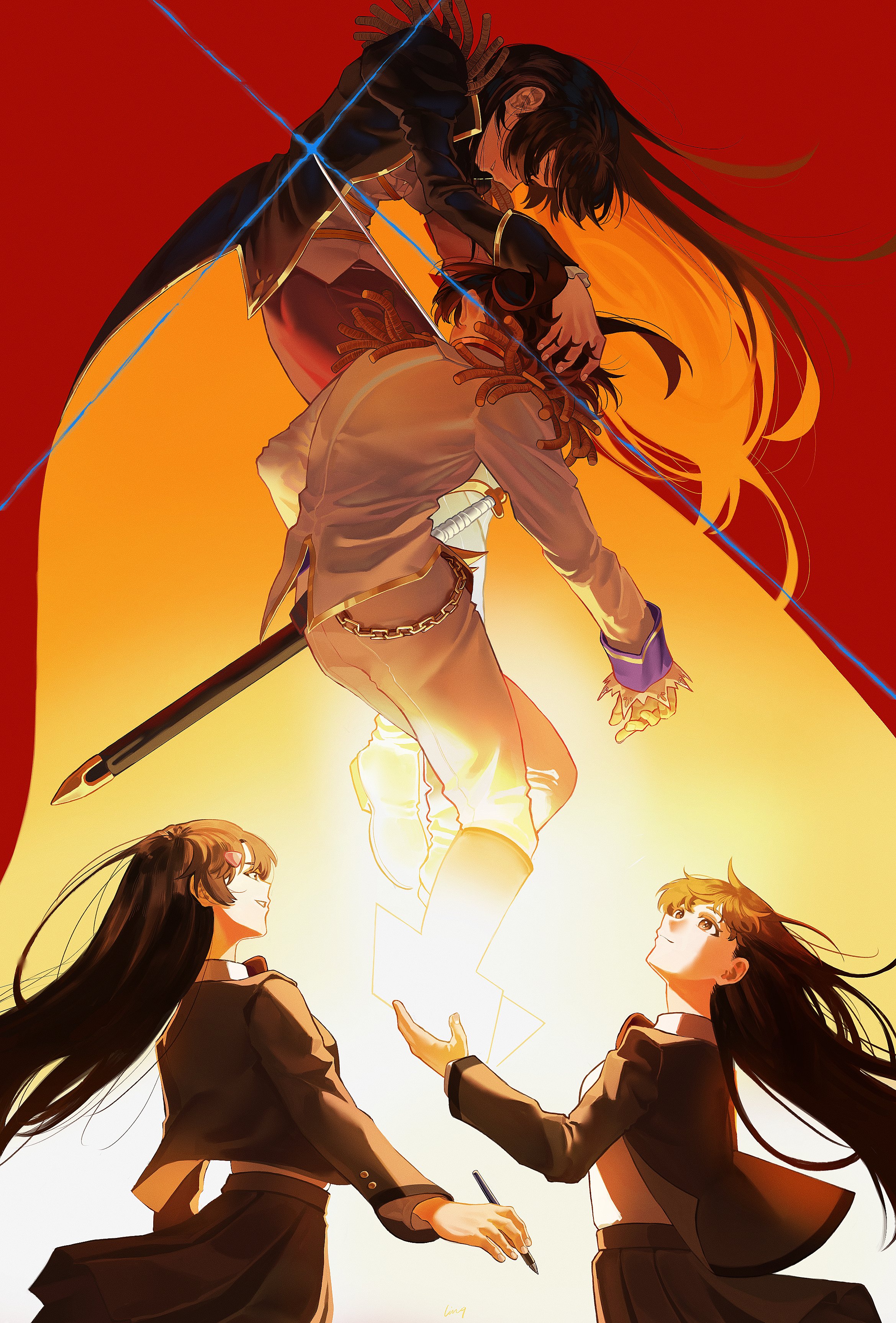 ling (chaaaaanhikari), aijou karen, amemiya shion, kagura hikari, masai kiriko, shoujo kageki revue starlight, absurdres, commentary, english commentary, highres, 4girls, artist name, black hair, black jacket, book, boots, bow, bowtie, brown eyes, brown hair, chain, closed eyes, covered eyes, epaulettes, facing away, fingernails, floating hair, gradient background, grey jacket, grey skirt, grin, hair ornament, hair over eyes, hairclip, hand on another's head, hand up, holding, holding book, holding pen, jacket, juliet sleeves, knee boots, long hair, long sleeves, looking at another, looking up, multiple girls, official alternate costume, open book, open clothes, open jacket, orange background, pants, parted lips, pen, pleated skirt, profile, puffy sleeves, red background, red bow, red bowtie, scabbard, school uniform, seishou music academy uniform, sheath, sheathed, shirt, shirt tucked in, short hair, signature, skirt, smile, standing, sword, very long hair, weapon, white background, white jacket, white pants, white shirt