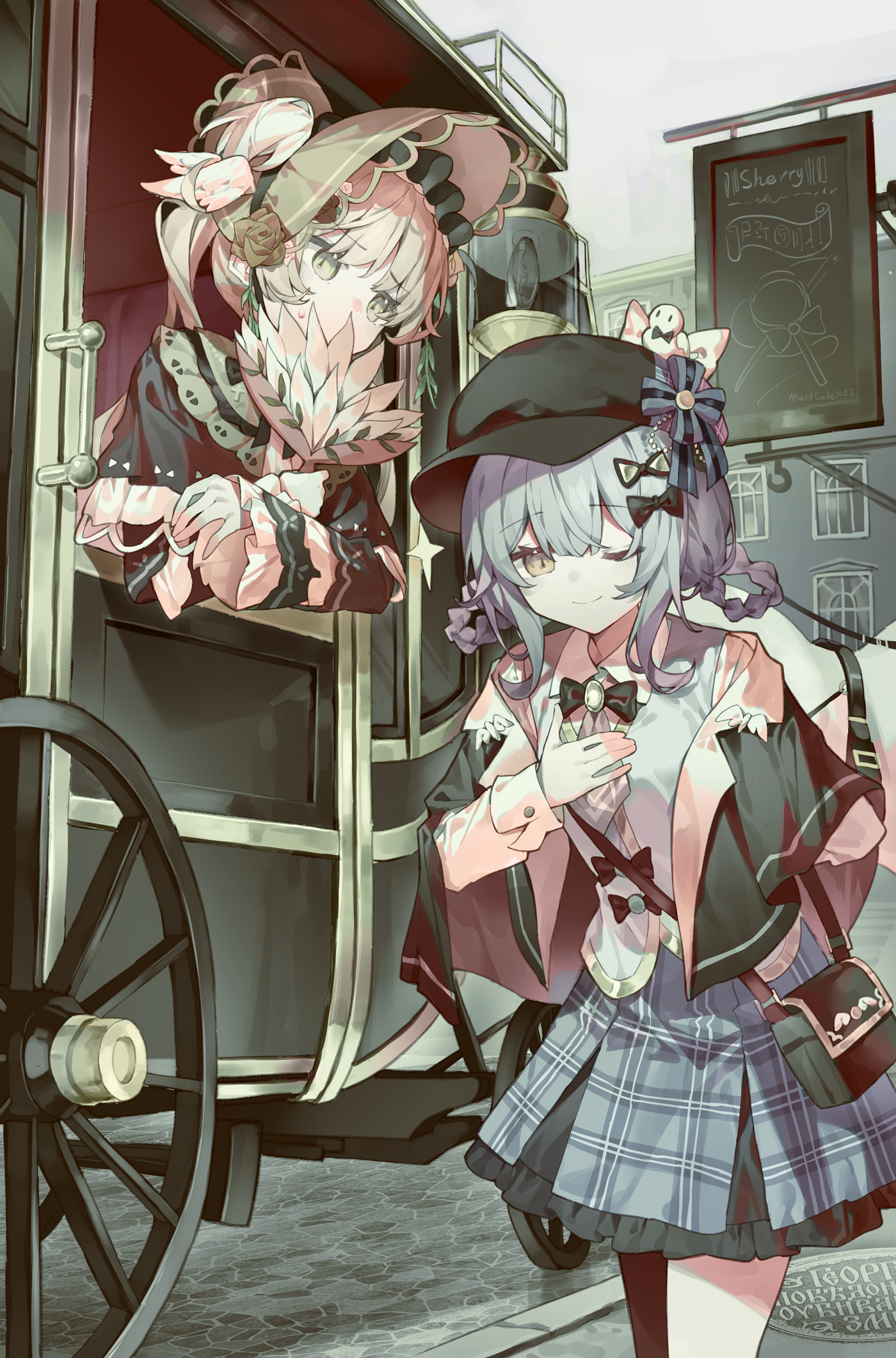 maidcode1023, tachibana sherry, tono hanna, mahou shoujo no majo saiban, highres, 2girls, asymmetrical legwear, bird hat ornament, black capelet, black pantyhose, blonde hair, blue hair, blue skirt, braid, braided hair rings, butler bowing, capelet, carriage, deerstalker, dress, frilled dress, frilled skirt, frills, green bonnet, hair rings, hand fan, hat, holding, holding fan, horse, leaning out of window, multiple girls, one eye closed, outdoors, pantyhose, short hair, single leg pantyhose, skirt