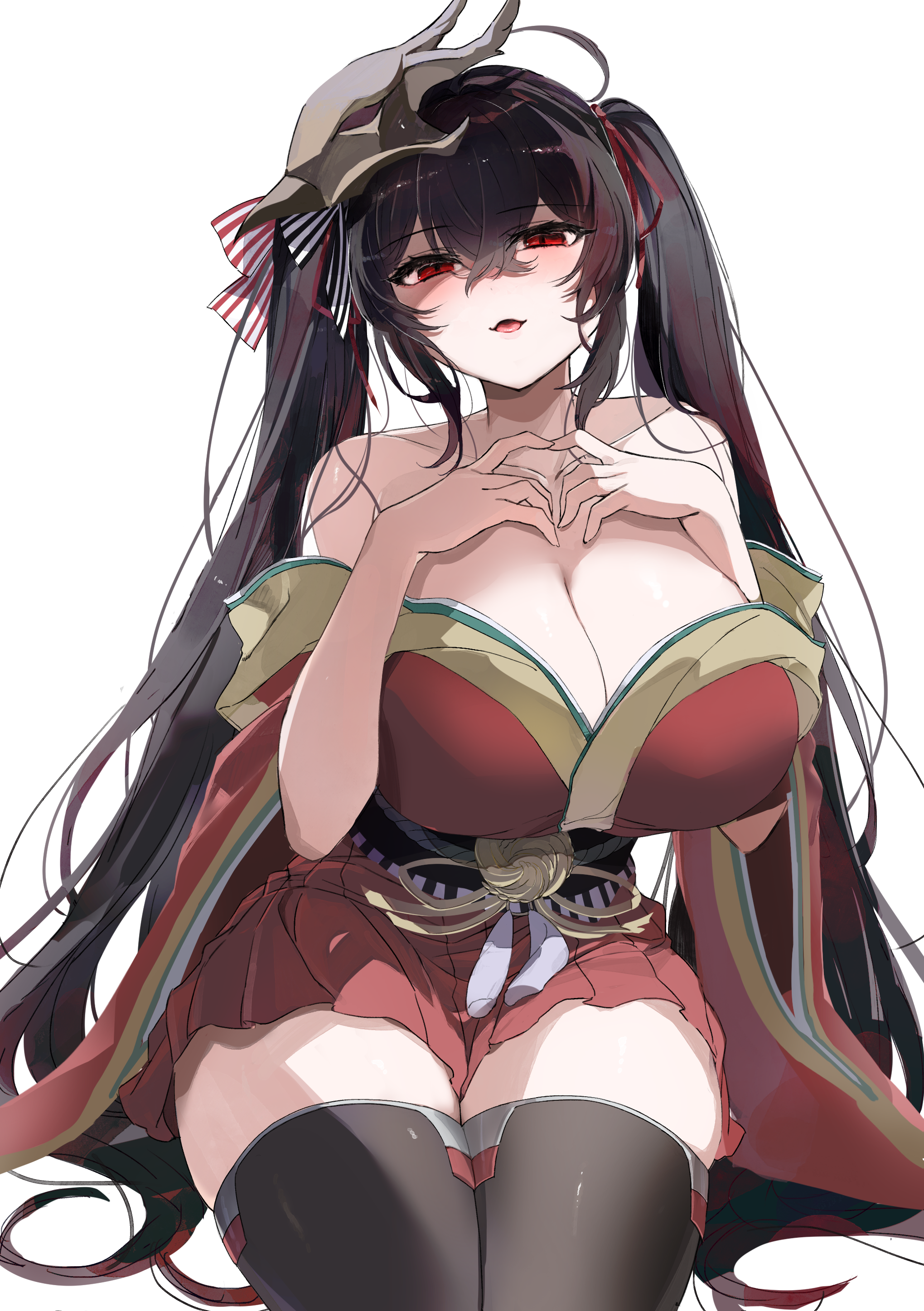 urosu (678 ner), taihou (azur lane), azur lane, absurdres, highres, 1girl, bare shoulders, black hair, black thighhighs, blush, breasts, cleavage, japanese clothes, kimono, large breasts, long hair, looking at viewer, mask, mask on head, obi, off shoulder, open mouth, red eyes, red kimono, red skirt, sash, simple background, sitting, skirt, smile, solo, thighhighs, twintails, very long hair, white background, wide sleeves