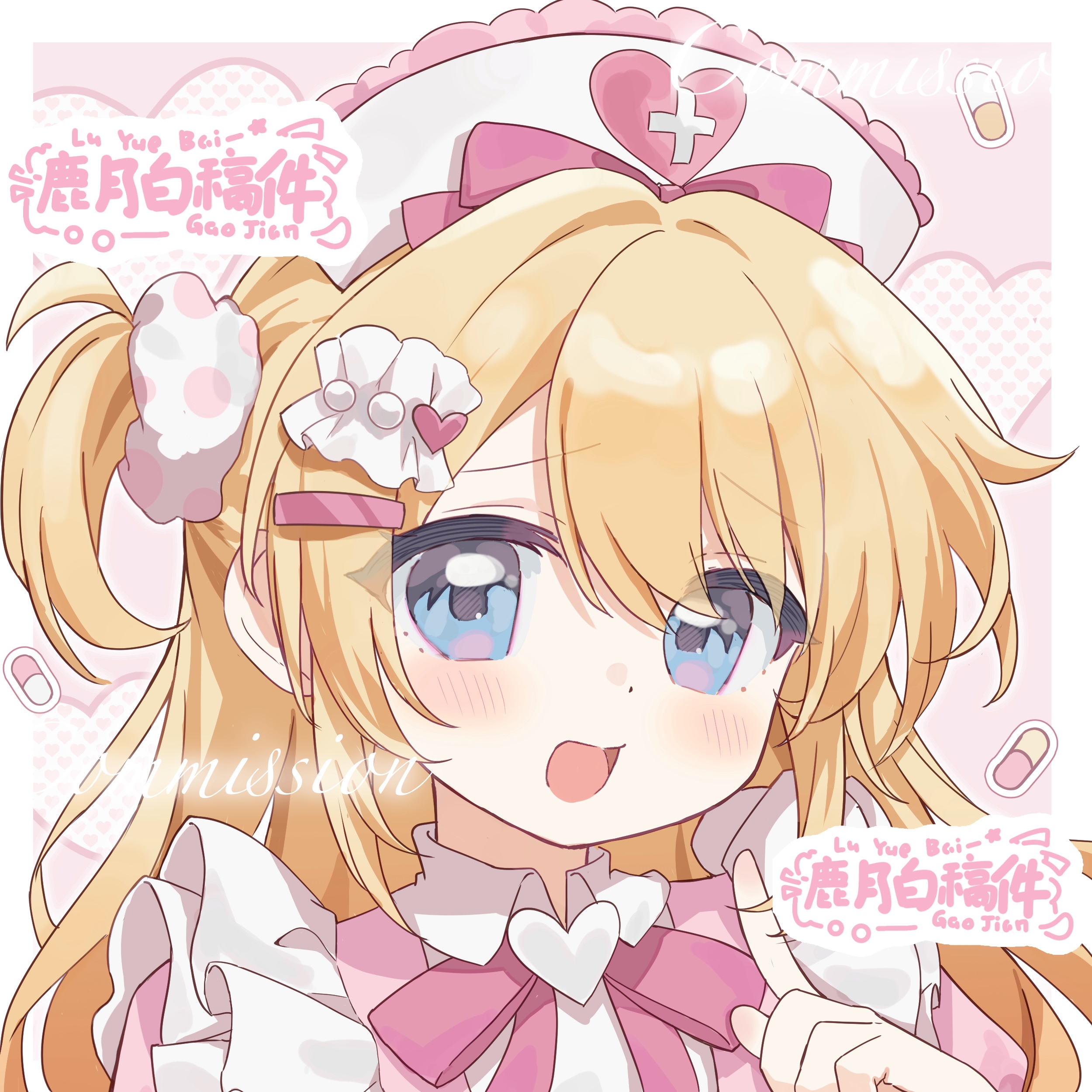 original, absurdres, commission, highres, 1girl, :d, artist name, blonde hair, blue eyes, blush, border, bow, bowtie, hair bow, hair ornament, hair scrunchie, hairclip, hat, heart, heart background, long hair, looking at viewer, lu yue bai, nurse cap, one side up, open mouth, outside border, pink background, pink bow, pink bowtie, pink shirt, polka dot, polka dot scrunchie, portrait, scrunchie, shirt, smile, solo, white border, white hat, white scrunchie