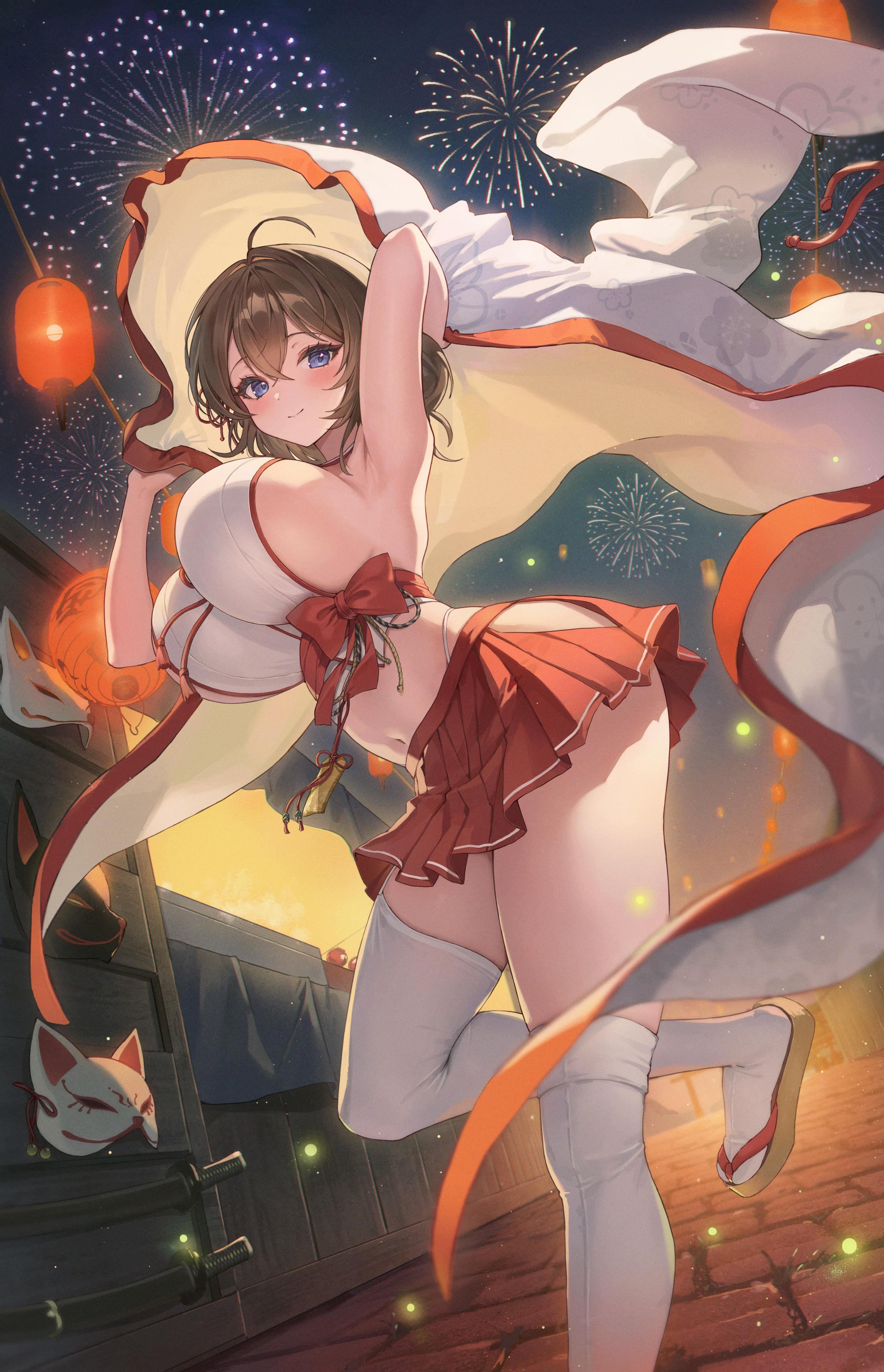 ryu o, takamiya keika, original, absurdres, highres, 1girl, aerial fireworks, blue eyes, blush, bow, breasts, brown hair, closed mouth, clothing cutout, fireworks, hakama, hakama short skirt, hakama skirt, haori, hip vent, holding, holding unworn clothes, huge breasts, japanese clothes, lantern, long hair, looking at viewer, midriff, navel, night, night sky, nontraditional miko, outdoors, platform sandals, print haori, red bow, red hakama, red skirt, sandals, skirt, sky, smile, solo, standing, standing on one leg, summer festival, thighhighs, thighs, white thighhighs
