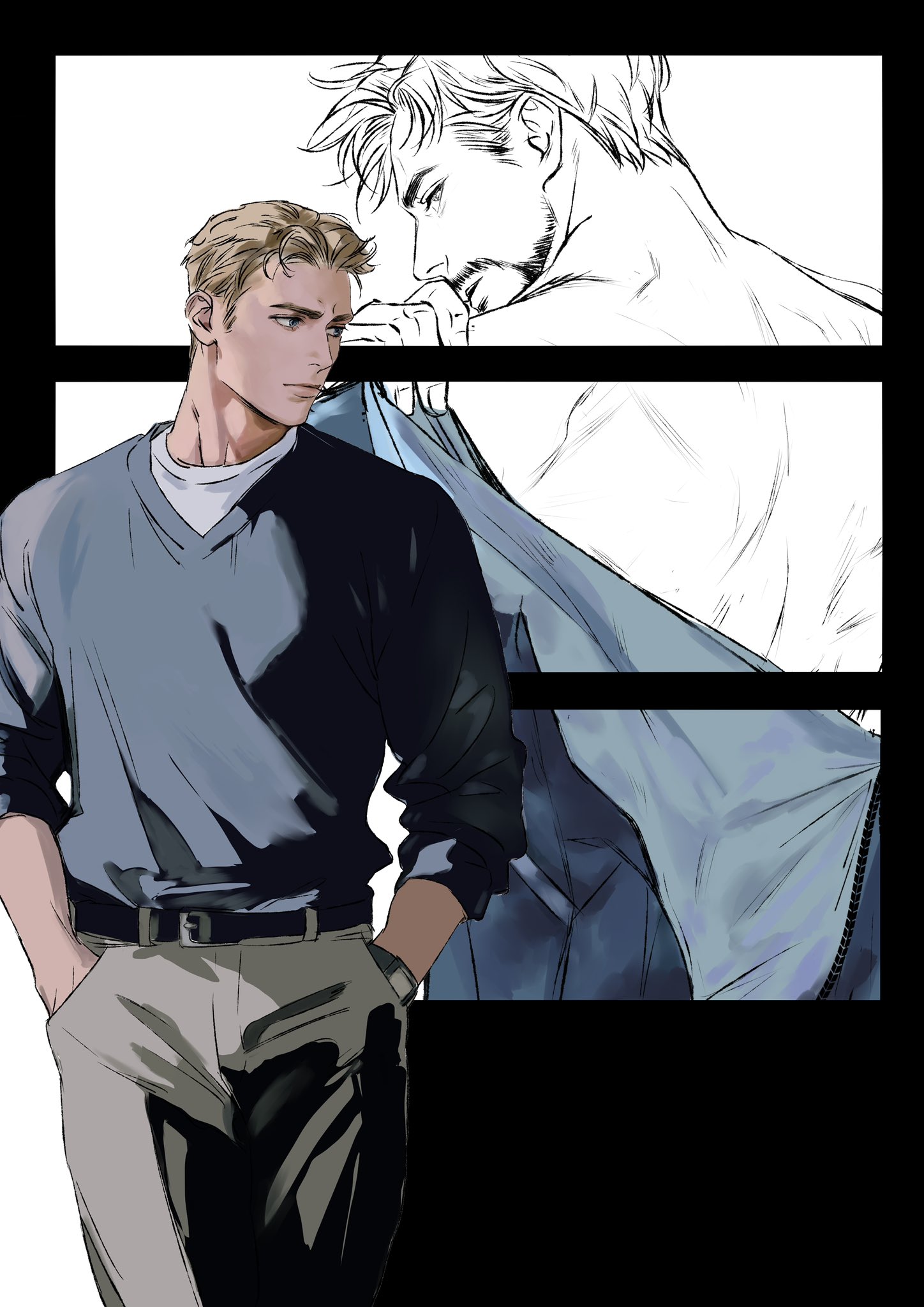 steve rogers, tony stark, avengers (series), marvel, commentary, english commentary, highres, 2boys, belt, black belt, black border, blonde hair, blue eyes, blue shirt, blue sweater, border, closed mouth, cowboy shot, facial hair, fingernails, from behind, grey pants, hands in pockets, implied yaoi, long sleeves, looking afar, looking at viewer, looking back, male focus, malkogromit, multiple boys, outside border, pants, puffy long sleeves, puffy sleeves, shirt, short hair, simple background, standing, sweater, watch, white background, white shirt, wristwatch