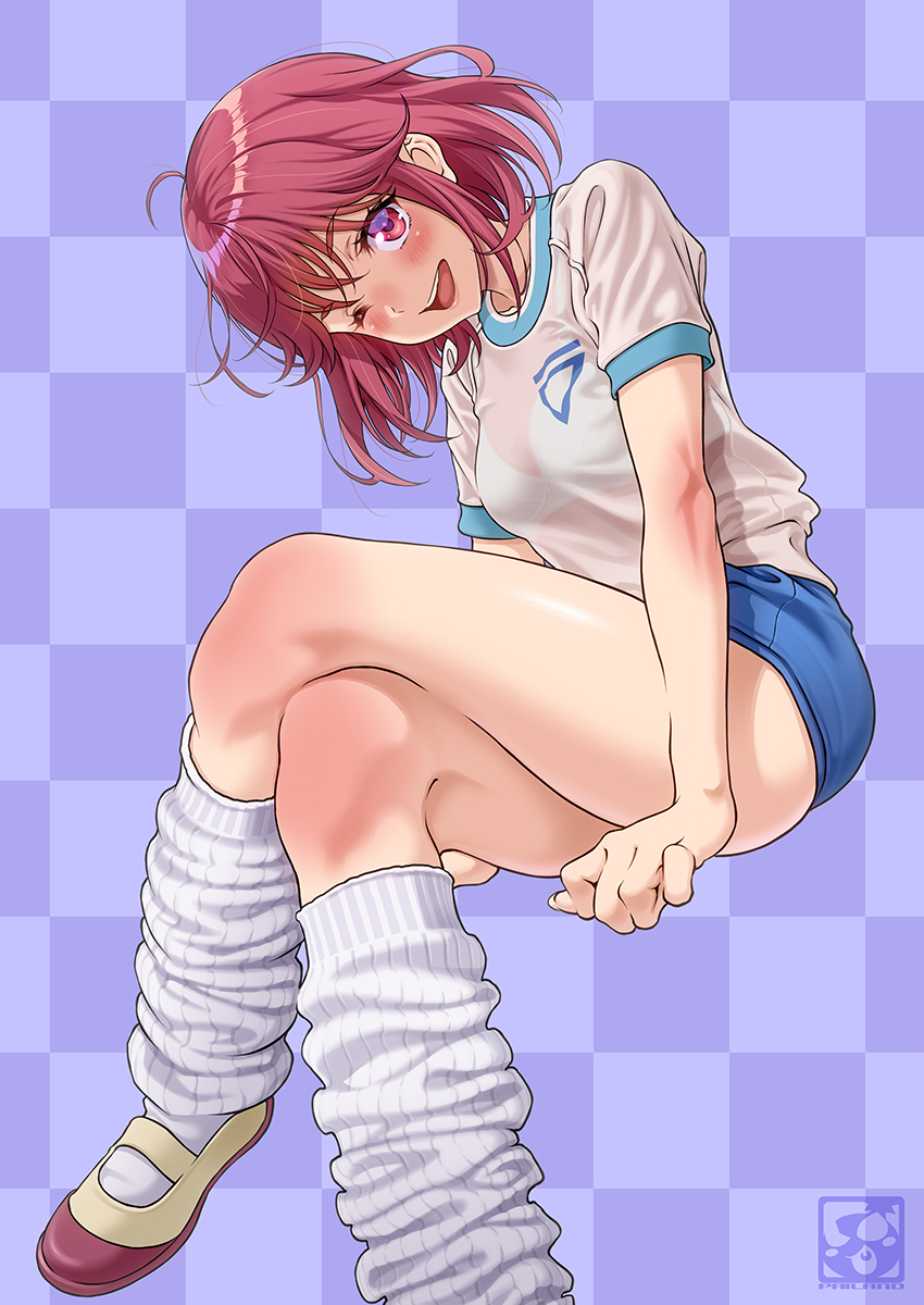 pairan, asahina yuko, tokimeki memorial, highres, 1girl, blue background, blue buruma, blush, bra visible through clothes, breasts, buruma, crossed legs, gym uniform, looking at viewer, loose socks, medium breasts, medium hair, open mouth, red eyes, red hair, shirt, simple background, sitting, smile, socks, solo, white shirt