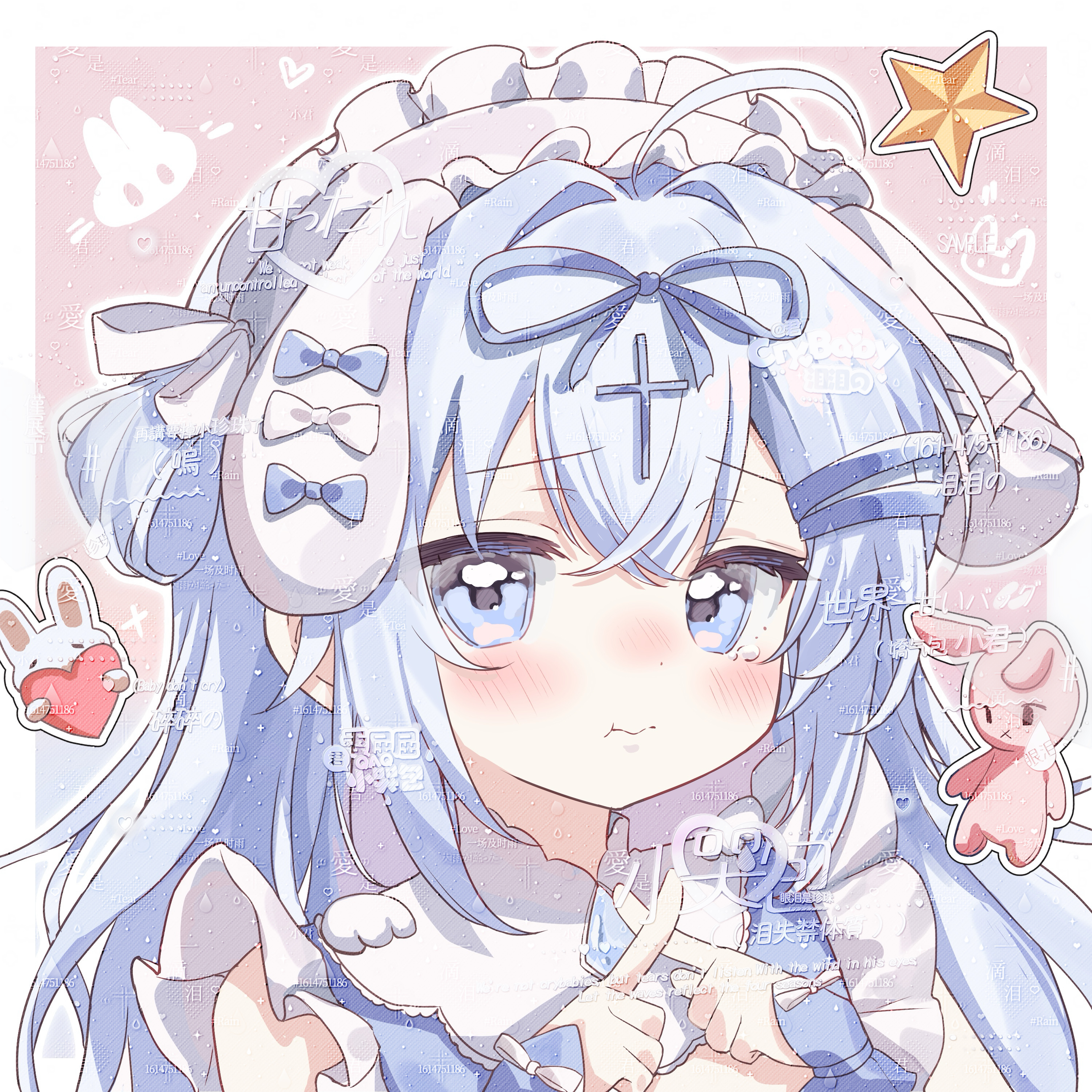 original, absurdres, highres, 1girl, animal ears, blue hair, blue ribbon, blue shirt, blush, closed mouth, crossed bangs, double-parted bangs, floppy ears, frilled hairband, frills, hair between eyes, hair ribbon, hairband, long hair, looking at viewer, lu yue bai, one side up, portrait, rabbit ears, rabbit girl, ribbon, shirt, solo, watermark, white hairband, x fingers
