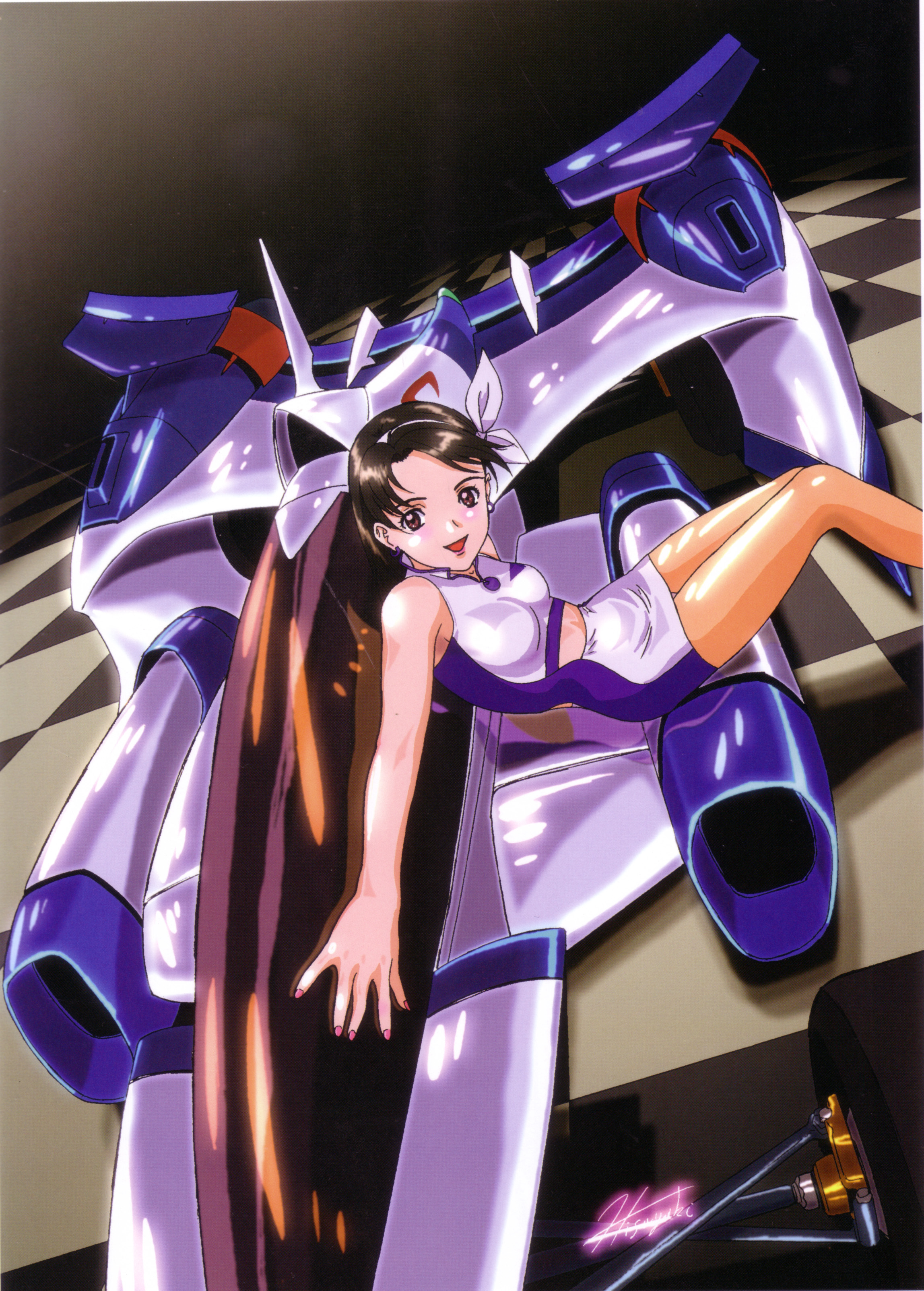 hisayuki hirokazu, yuuki rena, future gpx cyber formula, absurdres, artbook, highres, scan, 1990s (style), 1girl, bare shoulders, breasts, checkered floor, dress, dutch angle, female focus, long hair, panties, panties under pantyhose, panty peek, pantyhose, race car, race queen, retro artstyle, short dress, smile, solo, underwear