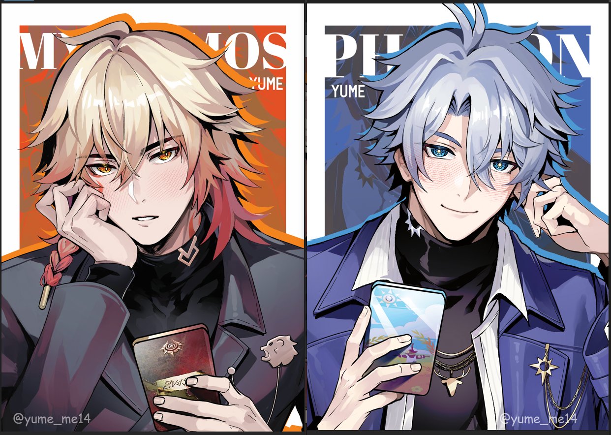 melucky18, mydei (honkai: star rail), phainon (honkai: star rail), phainon (luckin coffee) (honkai: star rail), honkai: star rail, honkai (series), 2boys, alternate costume, antenna hair, black sweater, blue coat, blue eyes, braid, cellphone, character name, closed mouth, coat, crossed bangs, gold necklace, grey hair, hair between eyes, hand up, head rest, holding, holding phone, jewelry, looking at viewer, male focus, medium hair, multiple boys, necklace, official alternate costume, open clothes, open coat, open shirt, orange eyes, orange hair, parted bangs, parted lips, phone, shirt, short hair, single braid, smartphone, smile, sweater, teeth, turtleneck, turtleneck sweater, white shirt, yellow pupils