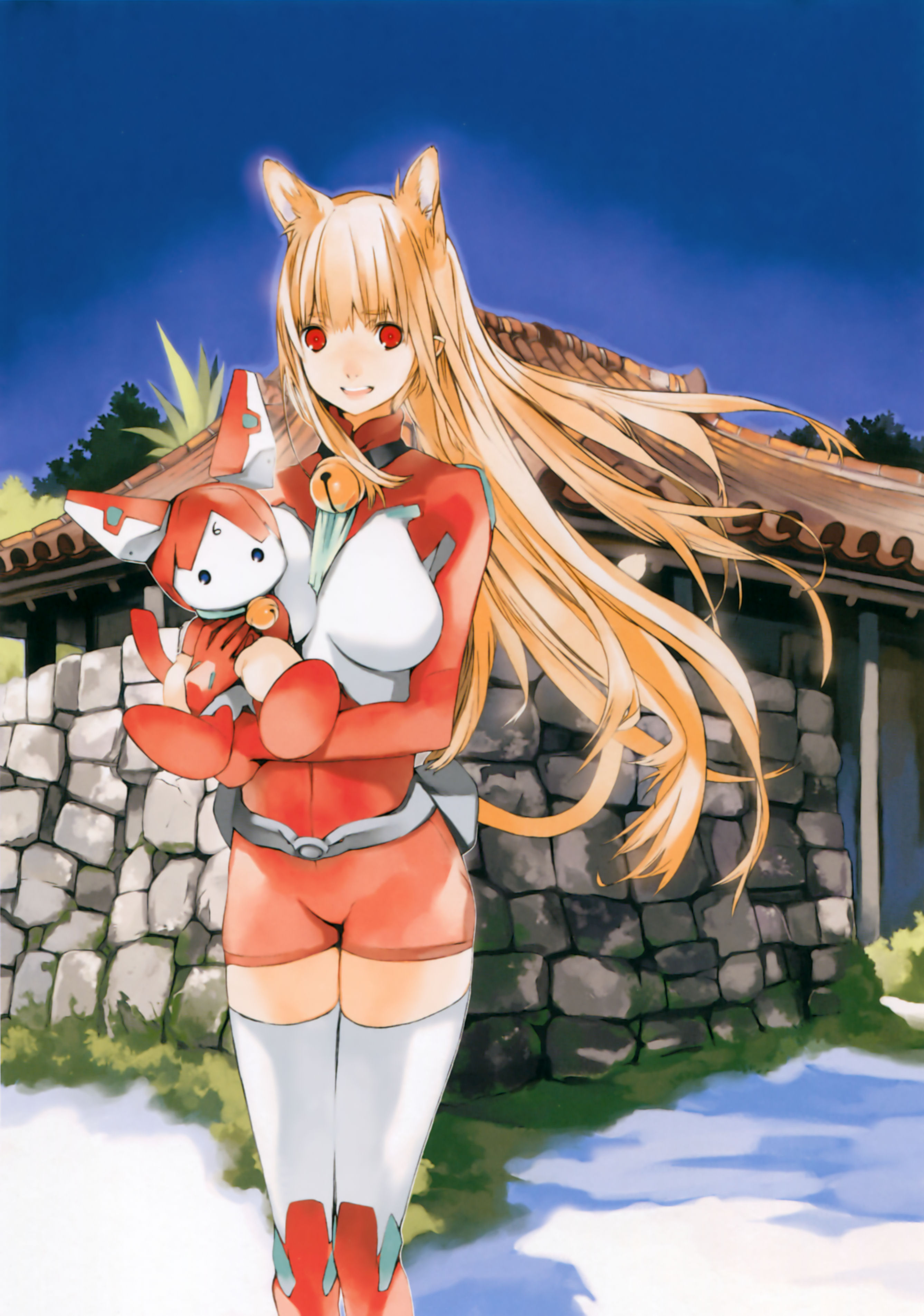 houden eizou, assist-a-roid, assistaroid, eris (asobi ni iku yo!), asobi ni iku yo!, wall, absurdres, highres, official art, 1girl, :d, animal ears, ascot, bell, belt, belt pouch, belt skirt, blonde hair, bracer, breasts, breasts apart, building, carrying, cat ears, cat tail, collar, day, female focus, floating hair, gloves, happy, jingle bell, large breasts, long hair, looking at viewer, neck bell, open mouth, outdoors, pouch, red eyes, robot, sky, smile, solo, standing, stone wall, tail, thighhighs, turtleneck, unitard, very long hair, white thighhighs, zettai ryouiki