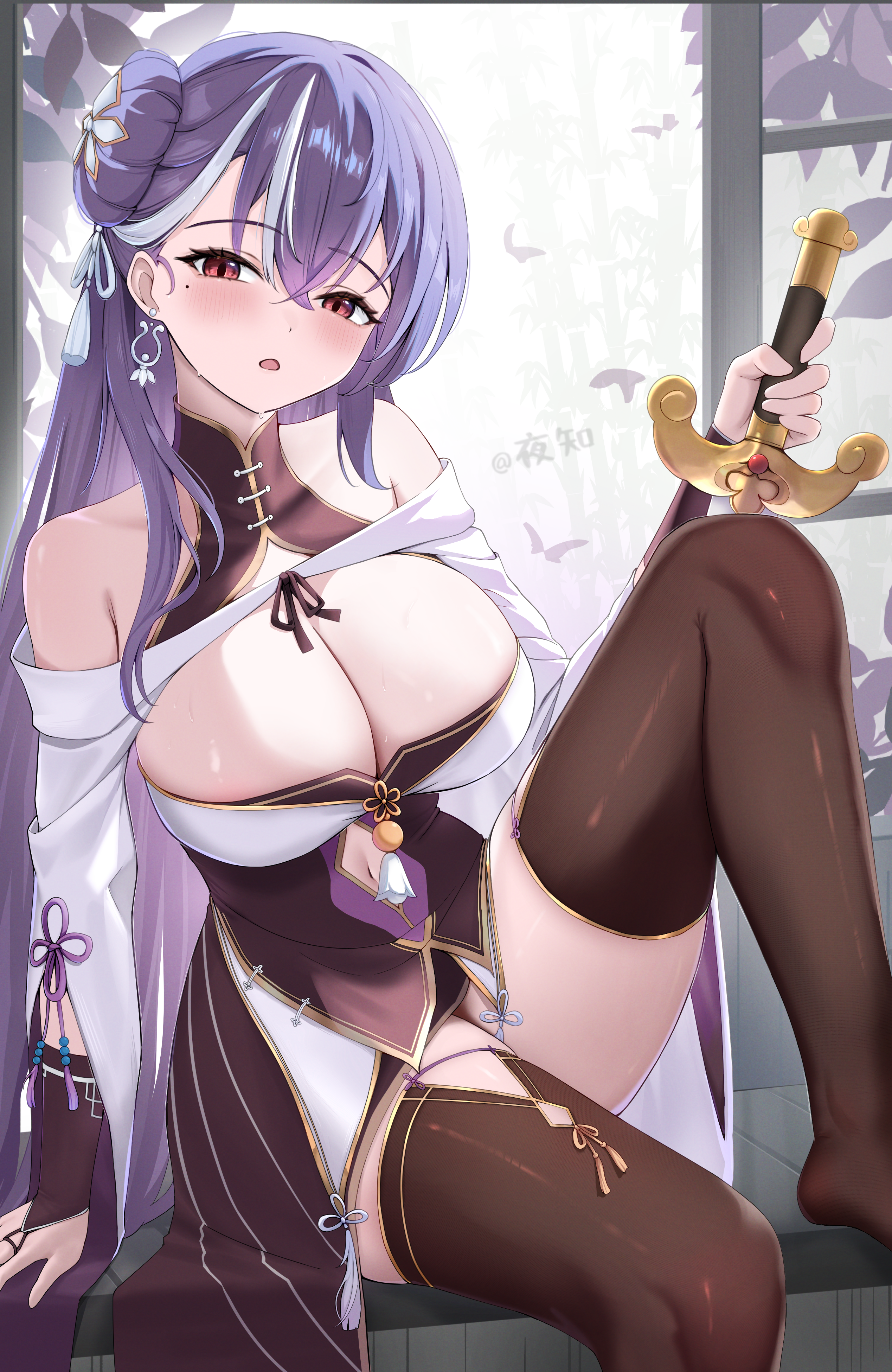 night known, original, absurdres, highres, 1girl, bare shoulders, blue hair, blush, breasts, brown dress, brown thighhighs, cleavage, detached sleeves, dress, hair bun, holding, holding sword, holding weapon, indoors, knee up, large breasts, looking at viewer, mole, mole under eye, multicolored hair, open mouth, red eyes, single hair bun, solo, streaked hair, sword, thighhighs, two-tone dress, weapon, white dress, white hair, window