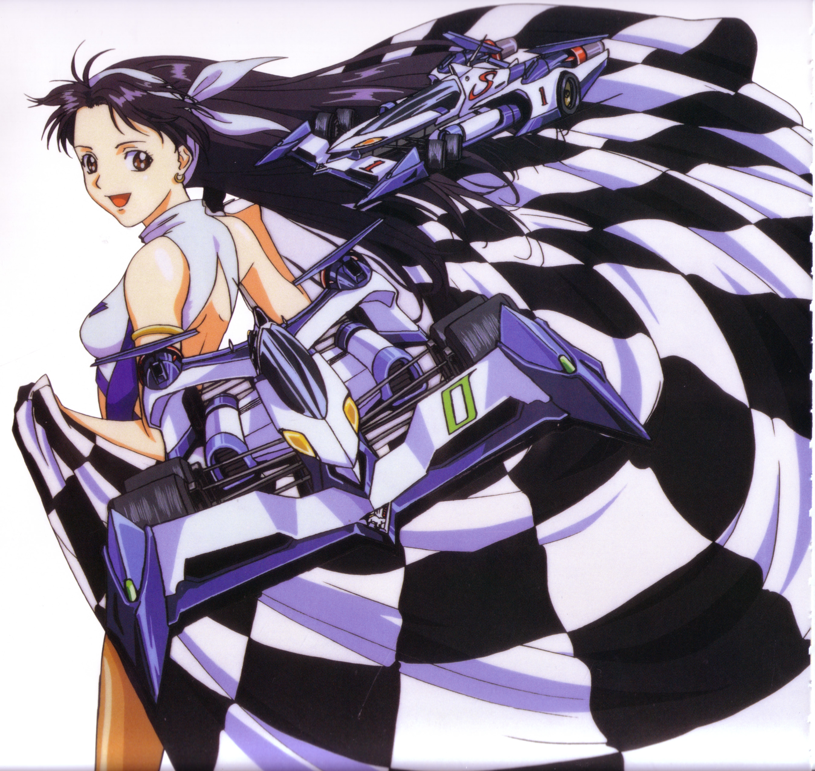 hisayuki hirokazu, yuuki rena, future gpx cyber formula, absurdres, artbook, highres, scan, 1990s (style), 1girl, checkered flag, female focus, flag, long hair, looking at viewer, looking back, pantyhose, race car, race queen, retro artstyle, simple background, smile, solo, standing, white background