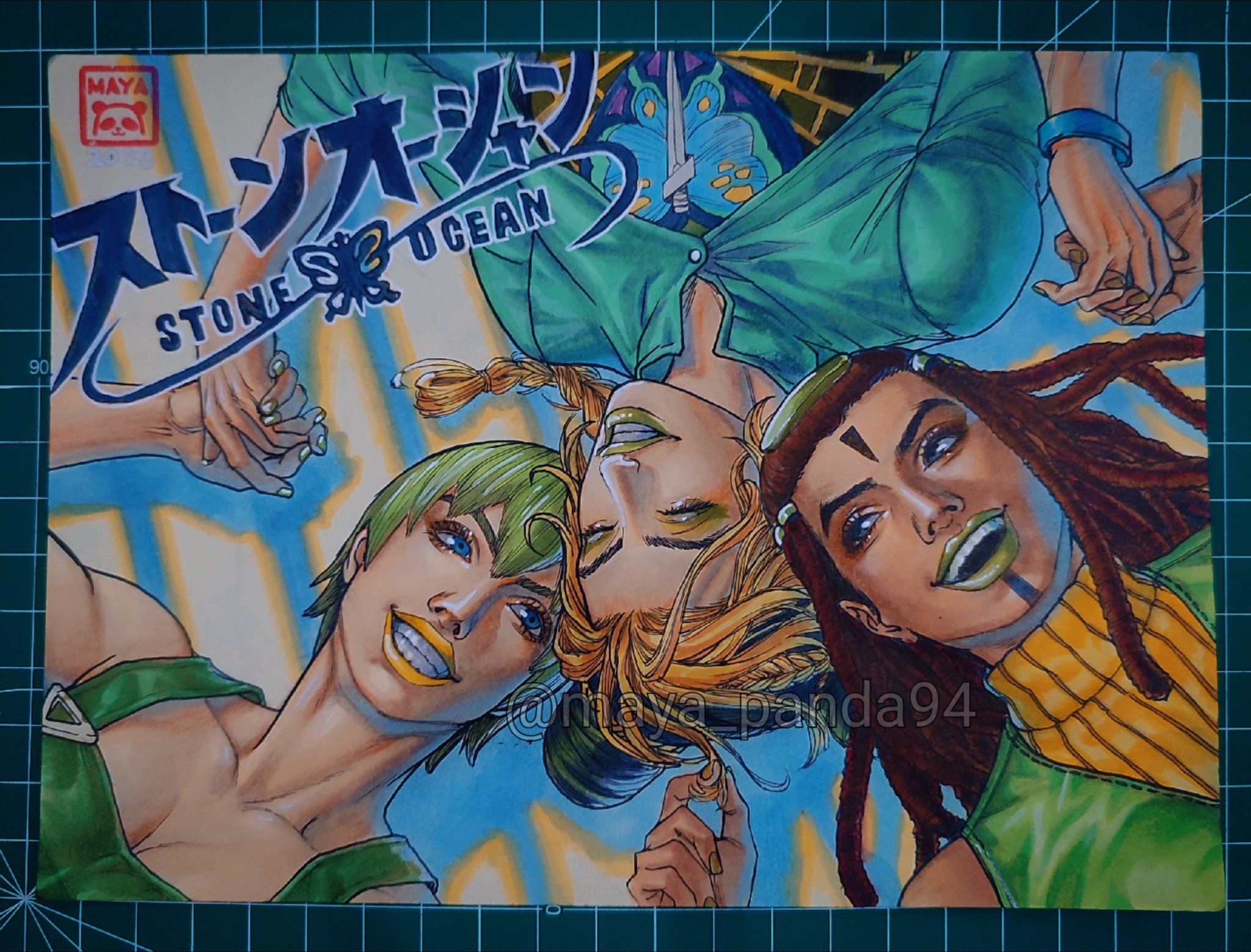 maya panda, ermes costello, foo fighters (jojo), kuujou jolyne, jojo no kimyou na bouken, stone ocean, commentary, english commentary, highres, marker (medium), photo (medium), traditional media, 3girls, animal print, blonde hair, blue coat, blue eyes, bracelet, braid, braided bun, braided ponytail, breasts, brown hair, butterfly print, cleavage, clenched teeth, coat, dark-skinned female, dark skin, double bun, dreadlocks, eyeshadow, facial mark, green eyes, green eyeshadow, green hair, green lips, green nails, green overalls, green shirt, green vest, grin, hair bun, hair ornament, hairclip, heart ornament, holding hands, jewelry, logo, long hair, makeup, medium breasts, multicolored hair, multiple girls, overalls, shirt, short hair, signature, single braid, sleeveless, sleeveless sweater, smile, spider web print, sweater, teeth, turtleneck, two-tone hair, vest, yellow lips, yellow sweater